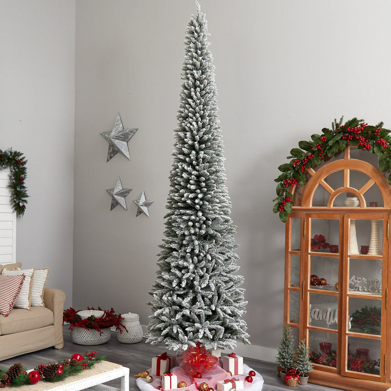 12’ Flocked Pencil Artificial Christmas Tree with 1000 Clear Lights and ...