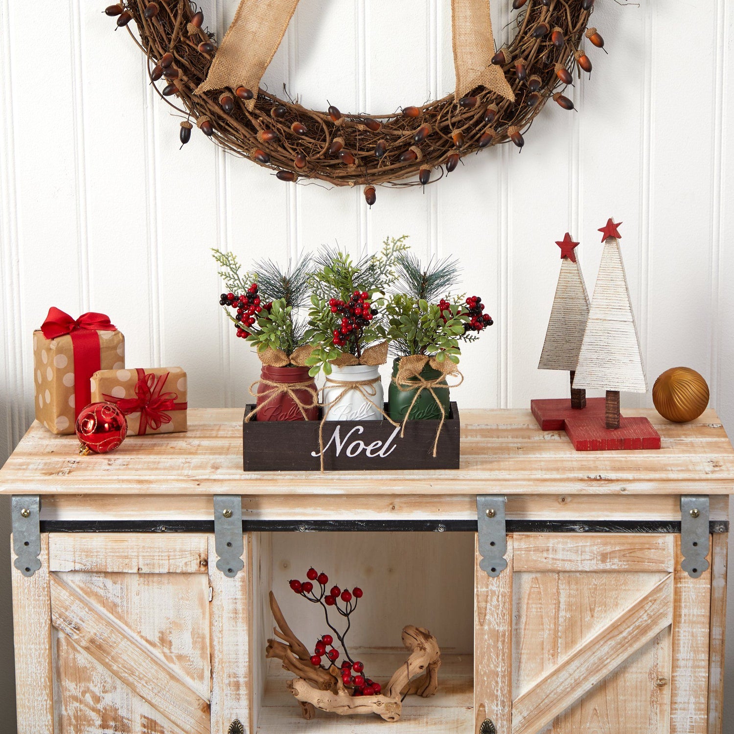 Nearly Natural 20 in. Holiday Winter Greenery, Pinecone and Berries with  Plaid Bow Arrangement