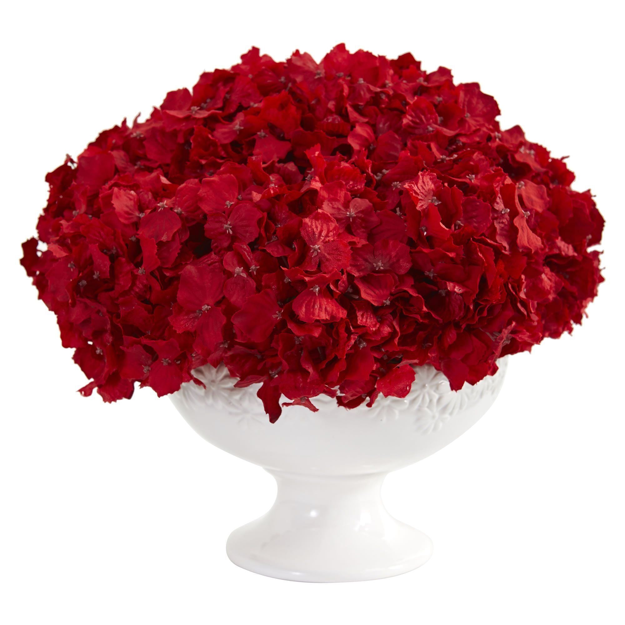  12” Red Hydrangea Artificial Arrangement in Pedestal Vase 