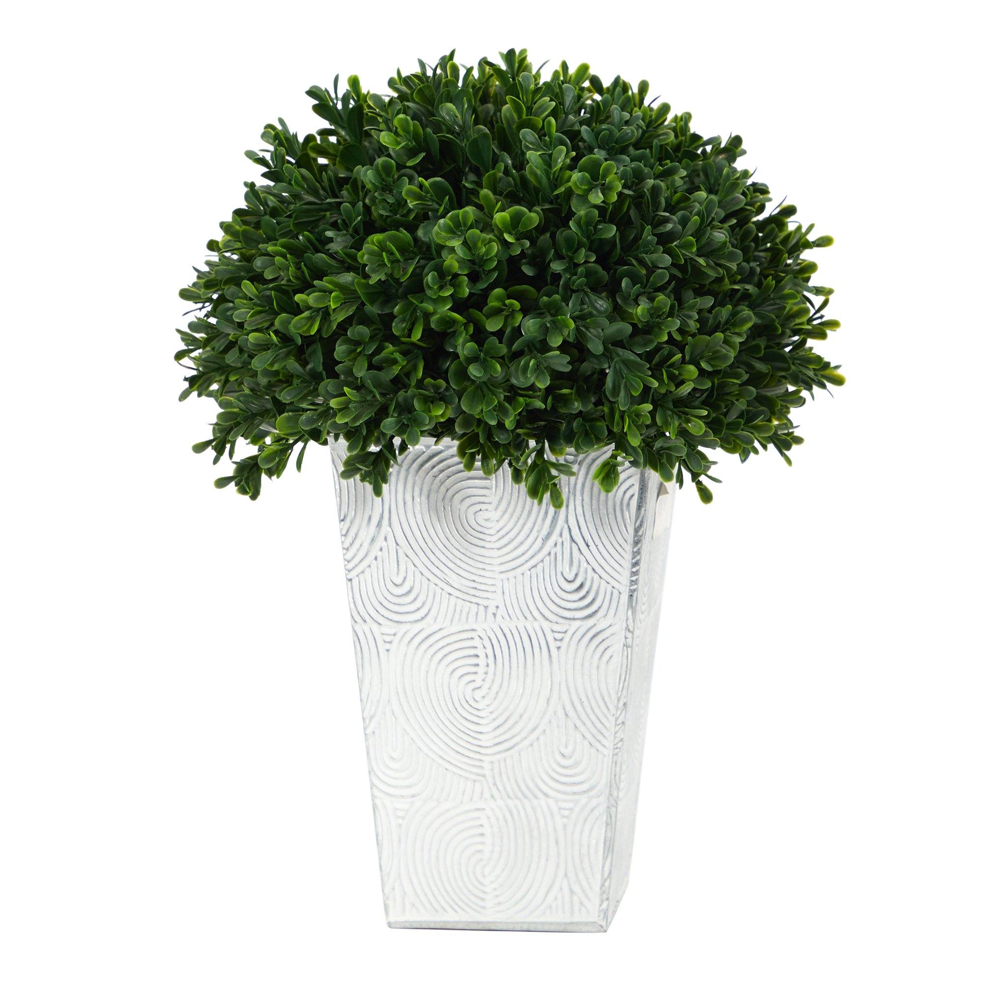 13 Boxwood Topiary Artificial Plant In Embossed White Planter UV   Artificial 13 Boxwood Topiary Artificial Plant In Embossed White Planter Uv Resistant Indooroutdoor Nearly Natural 966942 