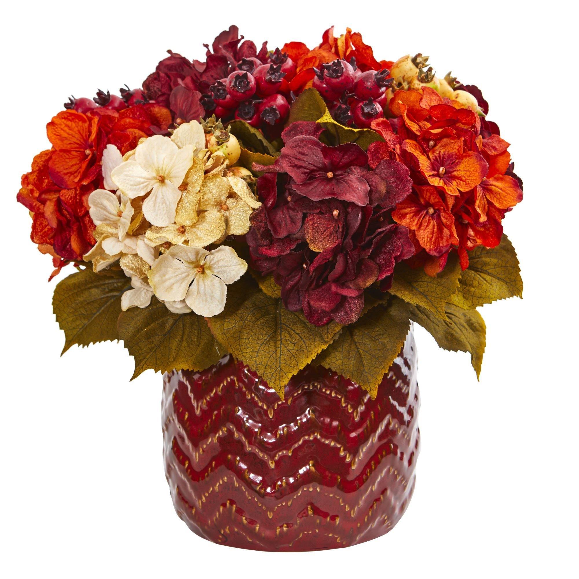 Hydrangea Berry Artificial Arrangement In Red Vase Nearly Natural