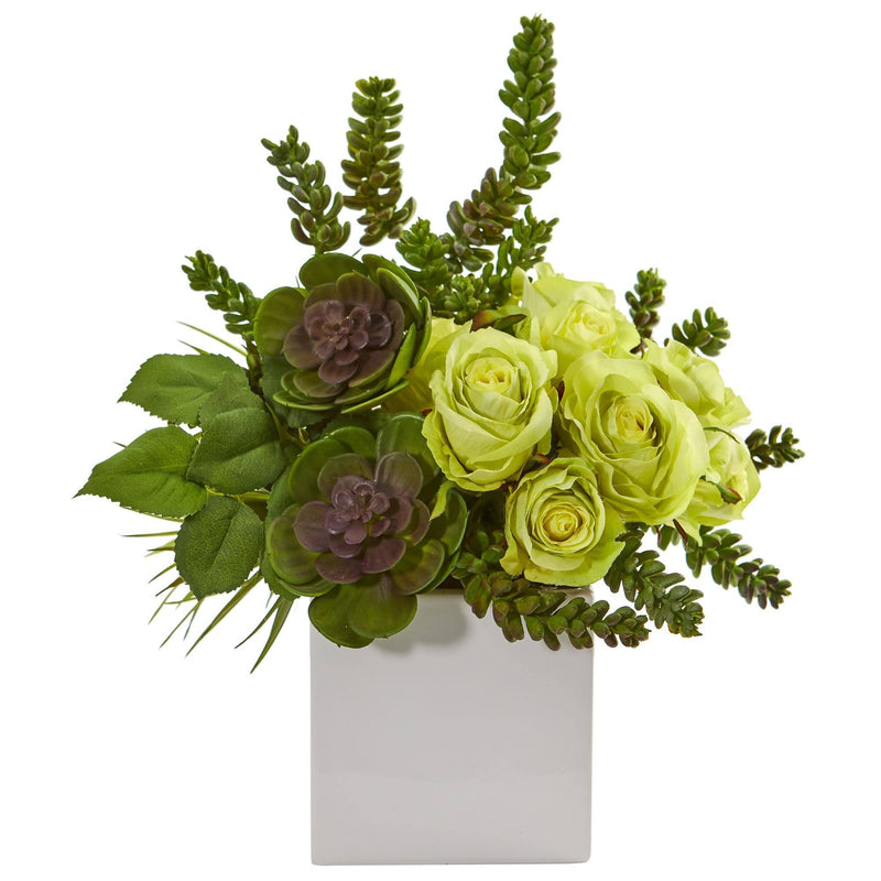 14” Rose & Succulent Artificial Arrangement in White Vase 1715 Nearly ...