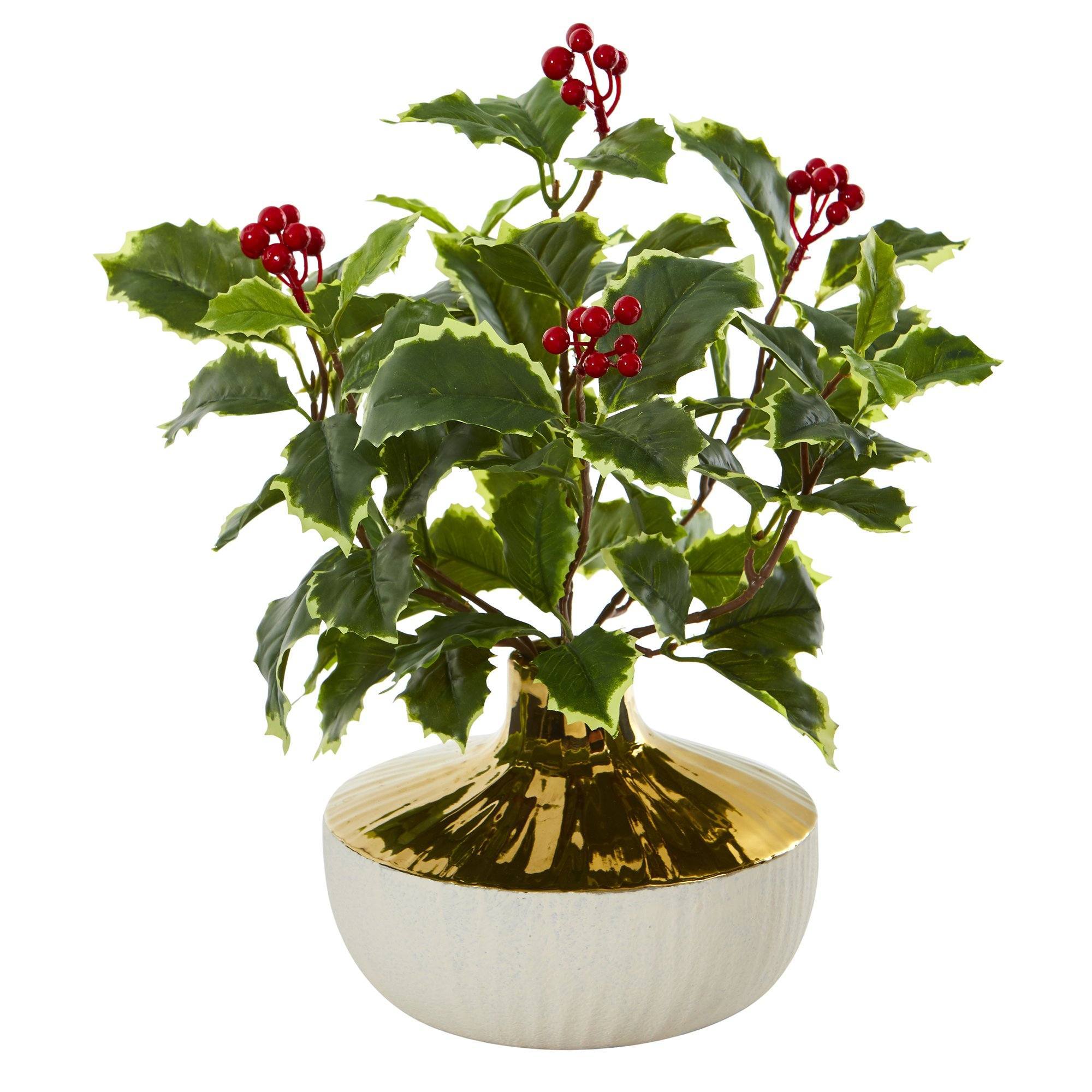  14” Variegated Holly Leaf Artificial Plant in Gold and Cream Elegant Vase (Real Touch) 