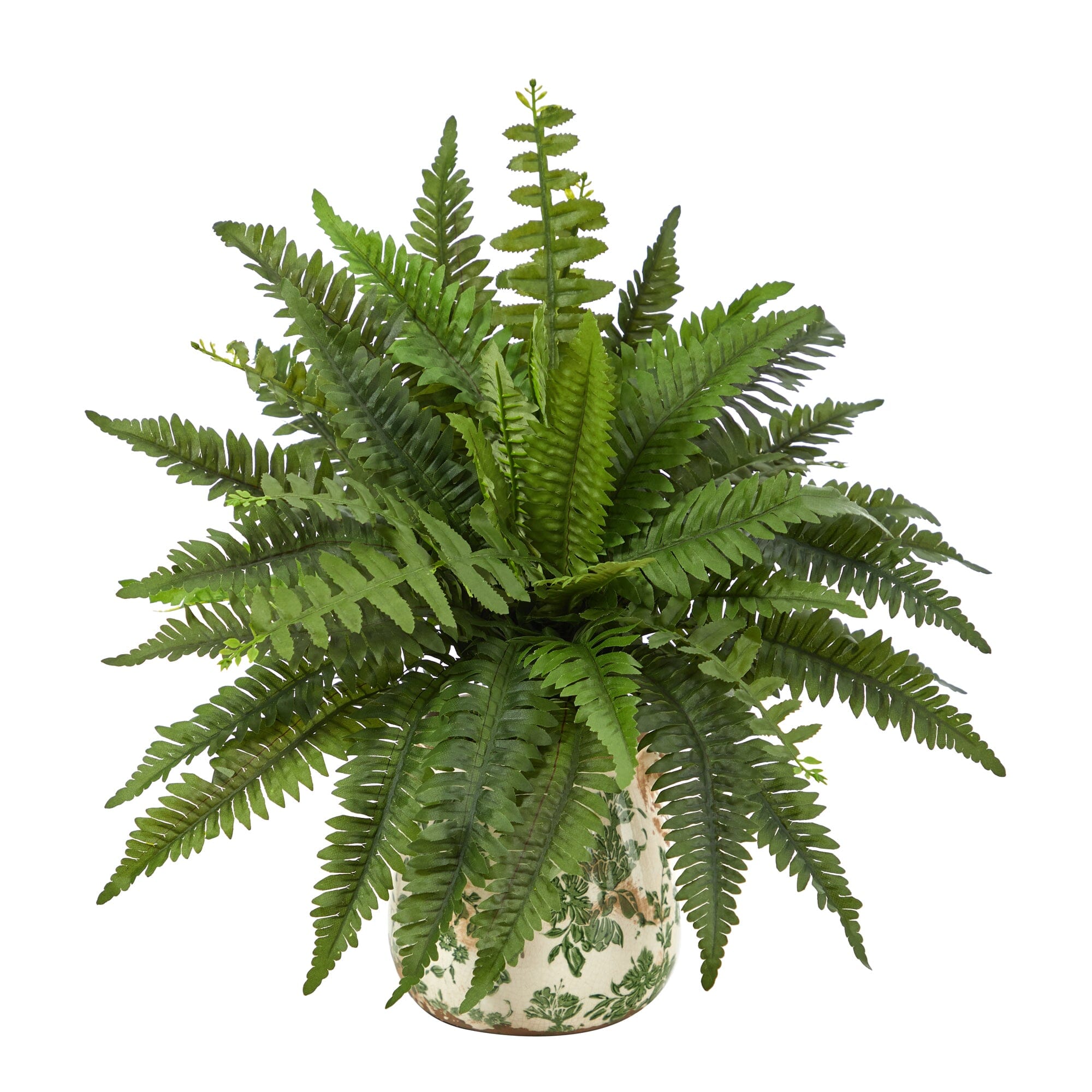  15” Boston Fern Artificial Plant with Tuscan Ceramic Green Scroll Planter 