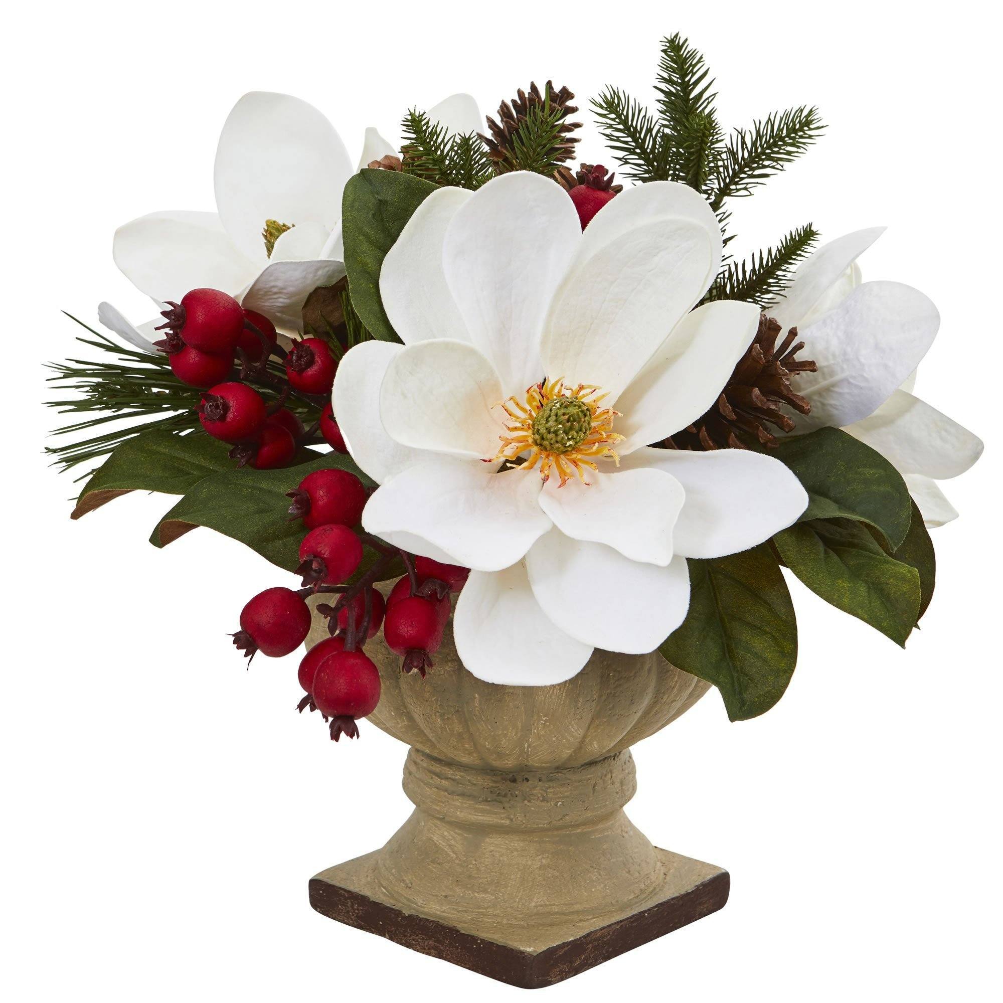  15” Magnolia, Pine and Berries Artificial Arrangement 