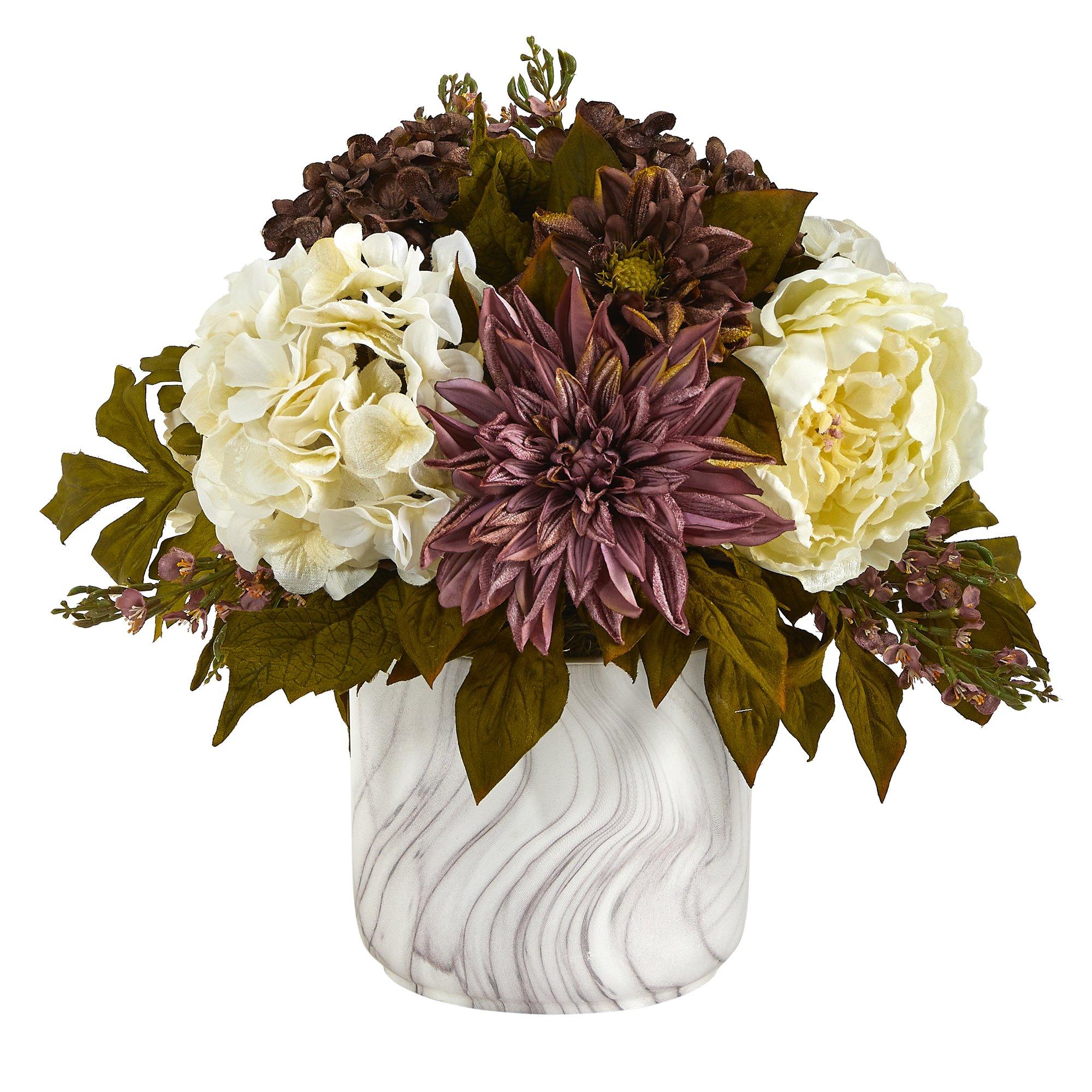  15” Peony, Hydrangea and Dahlia Artificial Arrangement in Marble Finished Vase 