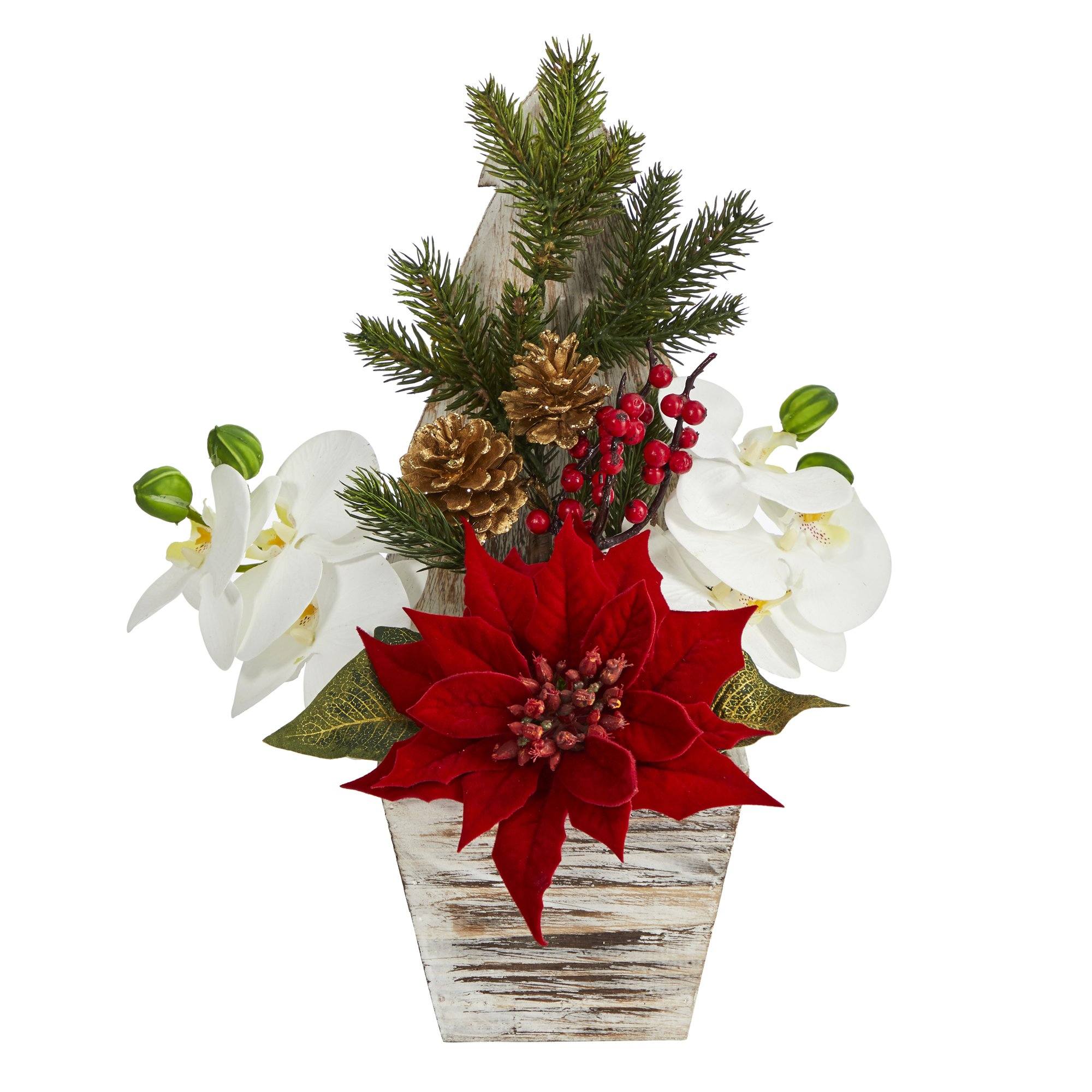  15” Poinsettia and Orchid Artificial Arrangement in Christmas Tree Vase 