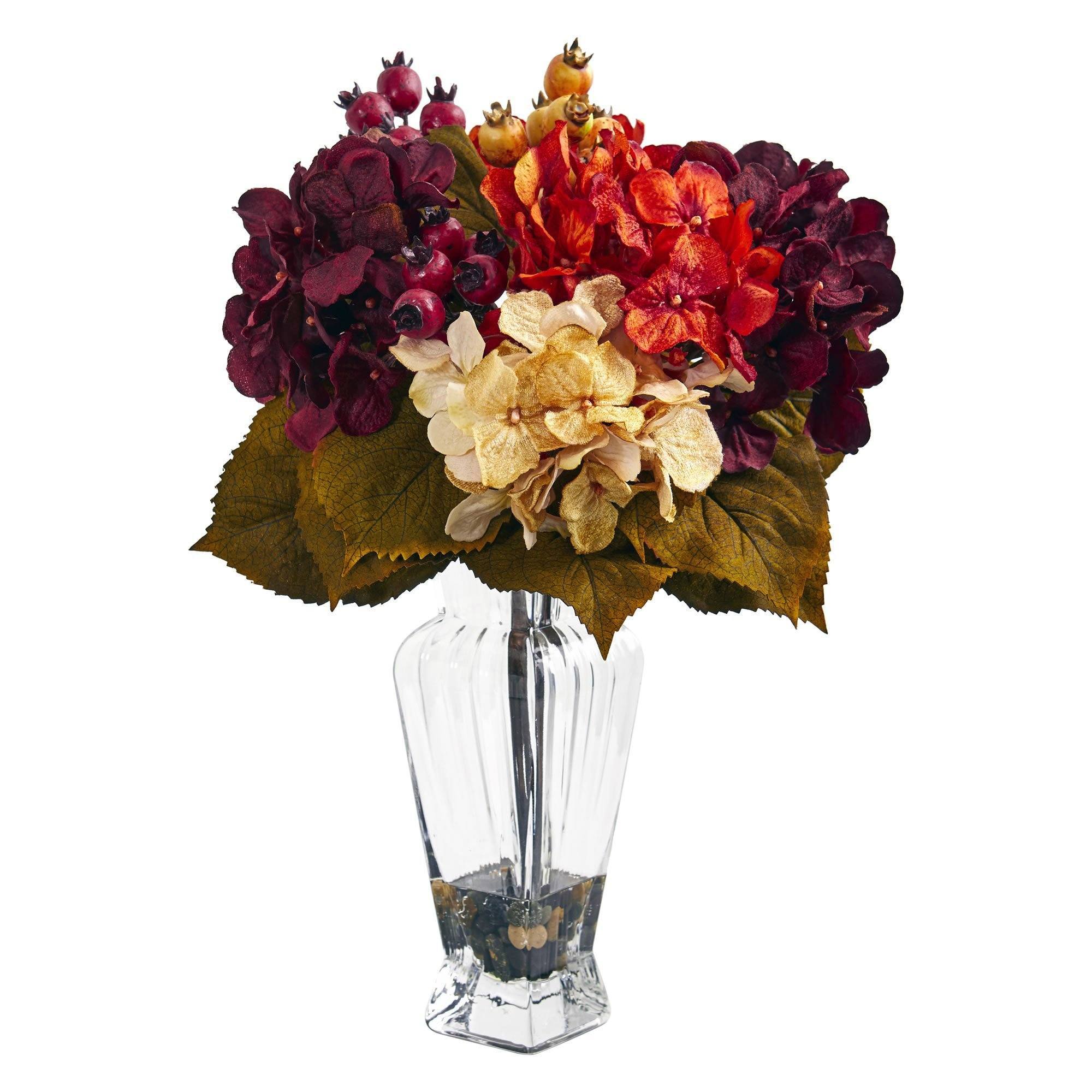  16" Artificial Autumn Hydrangea Berry Arrangement in Glass Vase" 