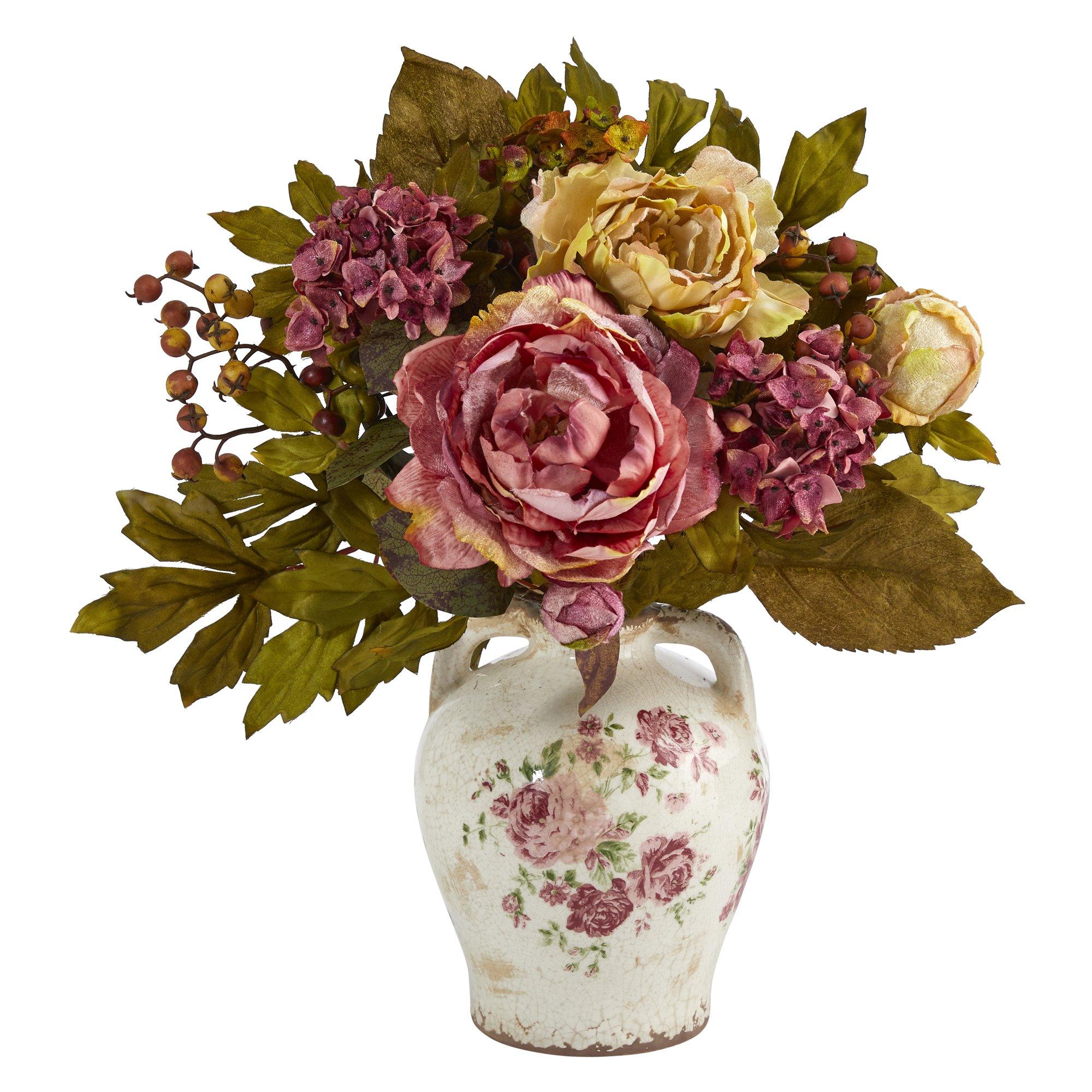  16” Peony Artificial Arrangement in Flower Print Jar 