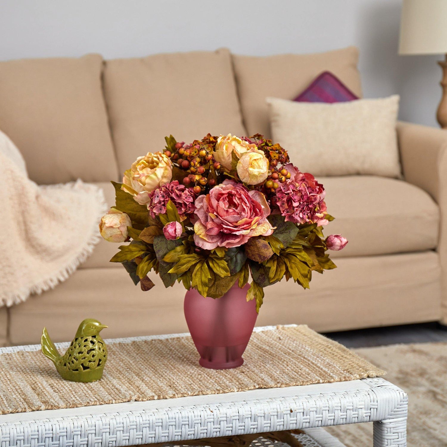 Buy romantic Peony, Hydrangea & Daisy silk flower arrangement at Petals.