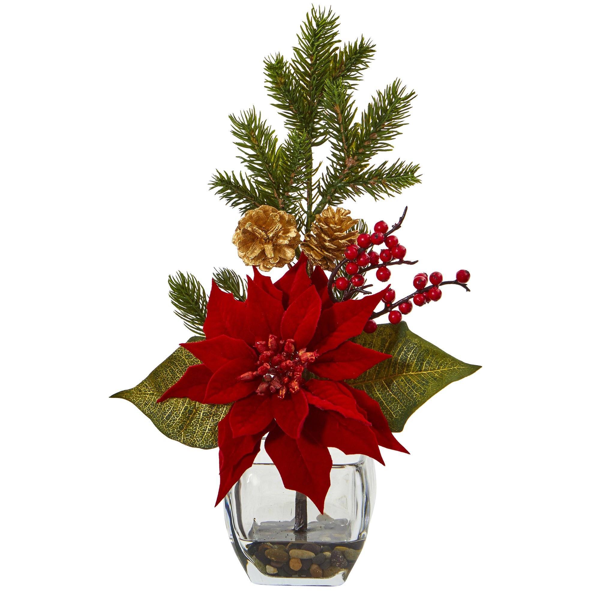  16" Poinsettia, Berry and Pine Artificial Arrangement in Vase" 