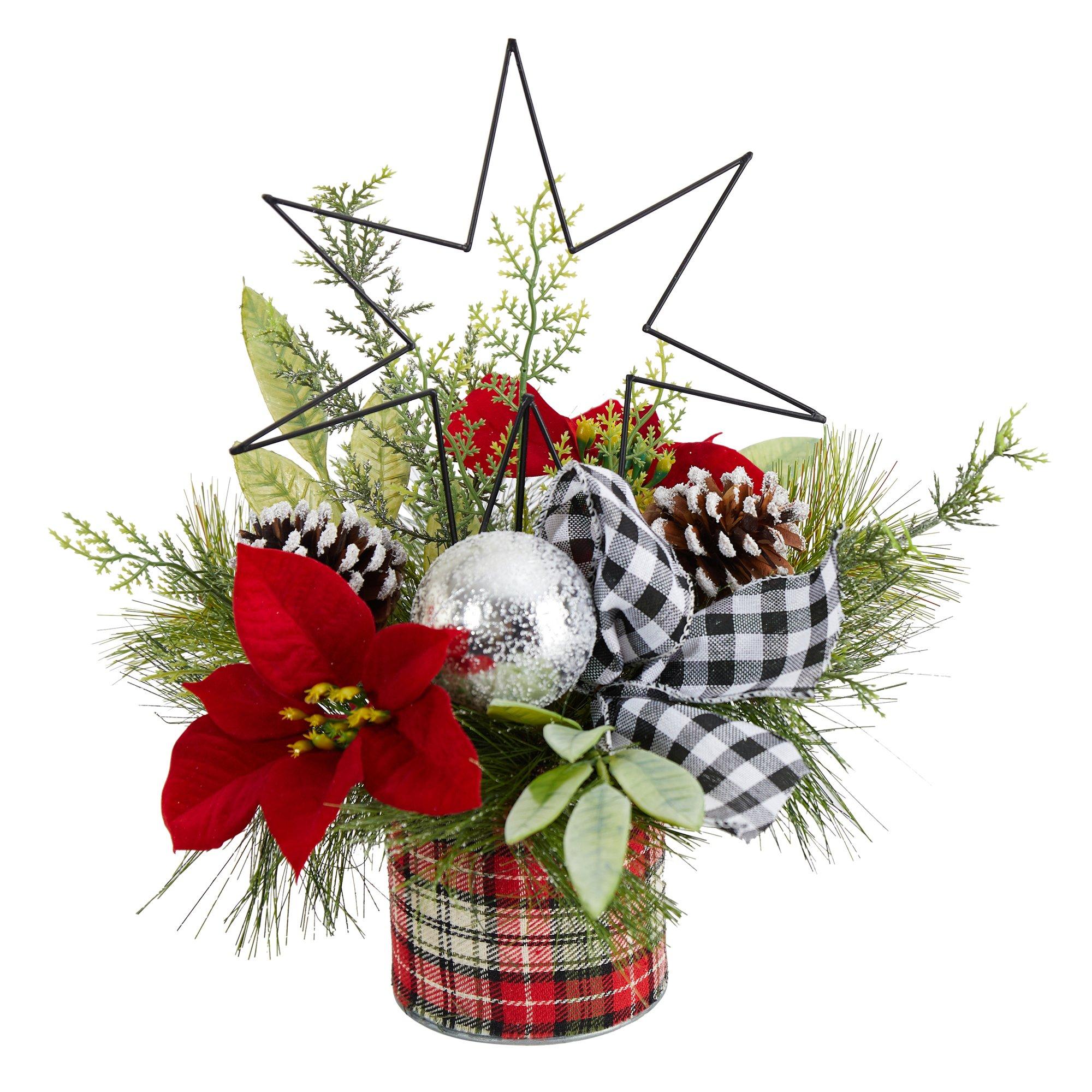  17” Holiday Winter Poinsettia, Greenery and Pinecones with North Star Plaid Table Arrangement 