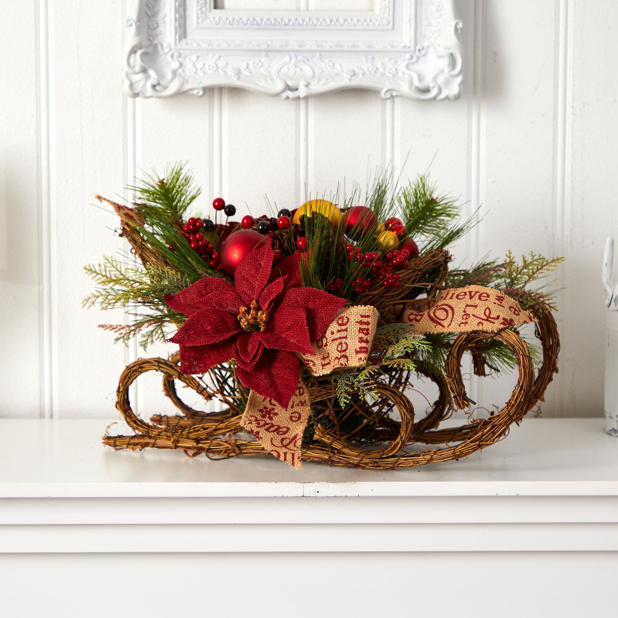 15” Holiday Poinsettia, Pinecone and Greenery with Lantern and LED