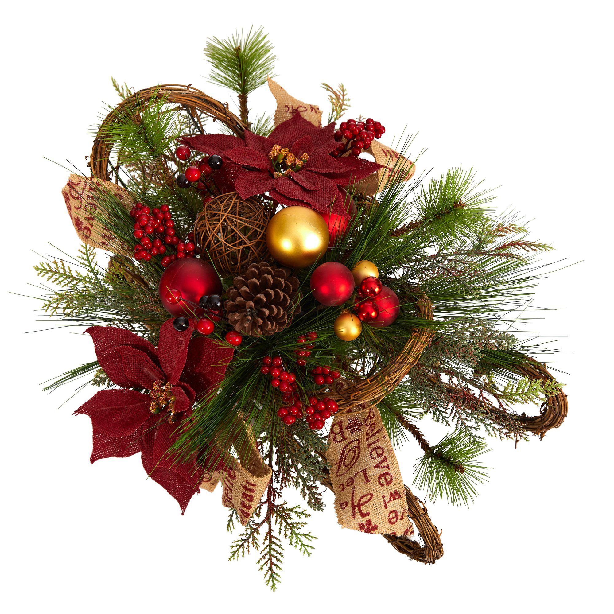 15” Holiday Poinsettia, Pinecone and Greenery with Lantern and LED