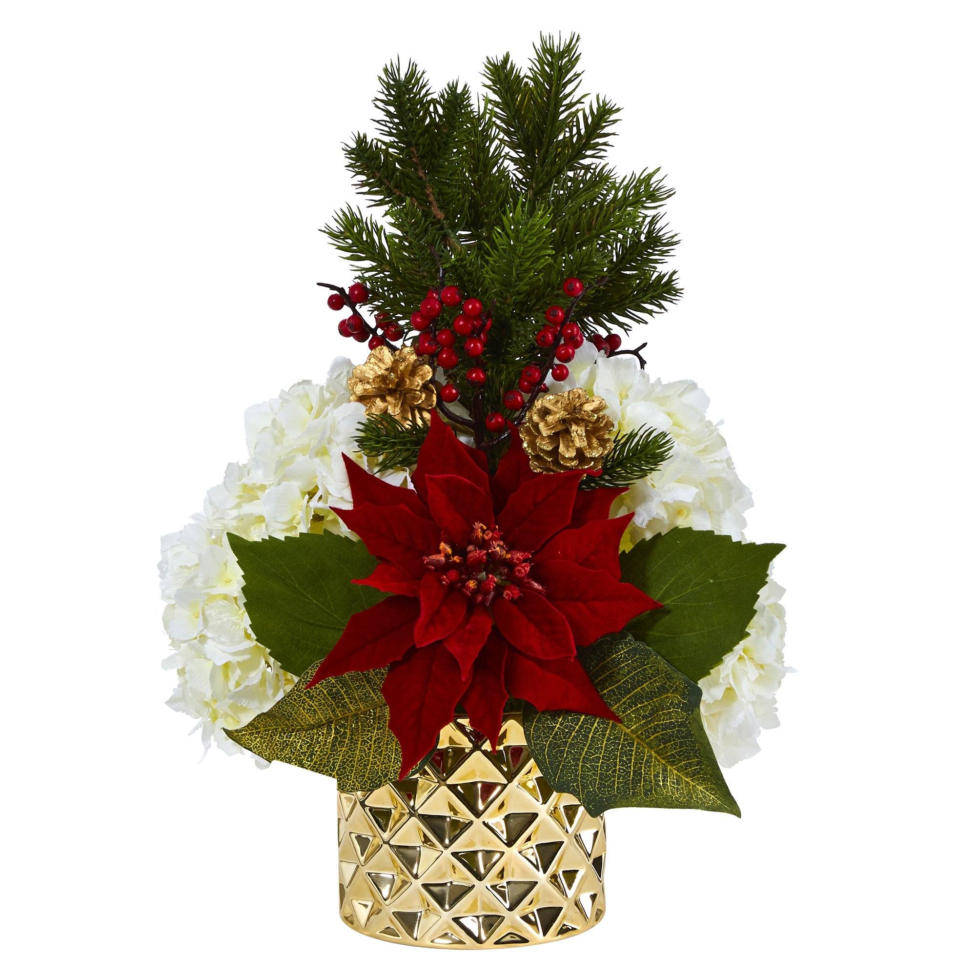  18” Hydrangea, Poinsettia, Berry and Pine Artificial Arrangement in Gold Vase 