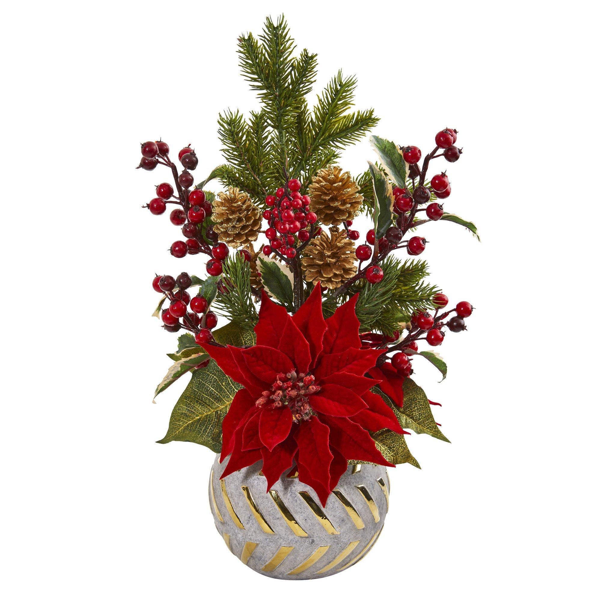  19" Poinsettia, Berry and Pine Artificial Arrangement in Designer Vase" 