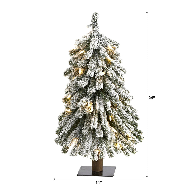 2’ Flocked Grand Alpine Artificial Christmas Tree with 35 Clear Lights and 111 Bendable Branches on Natural Trunk