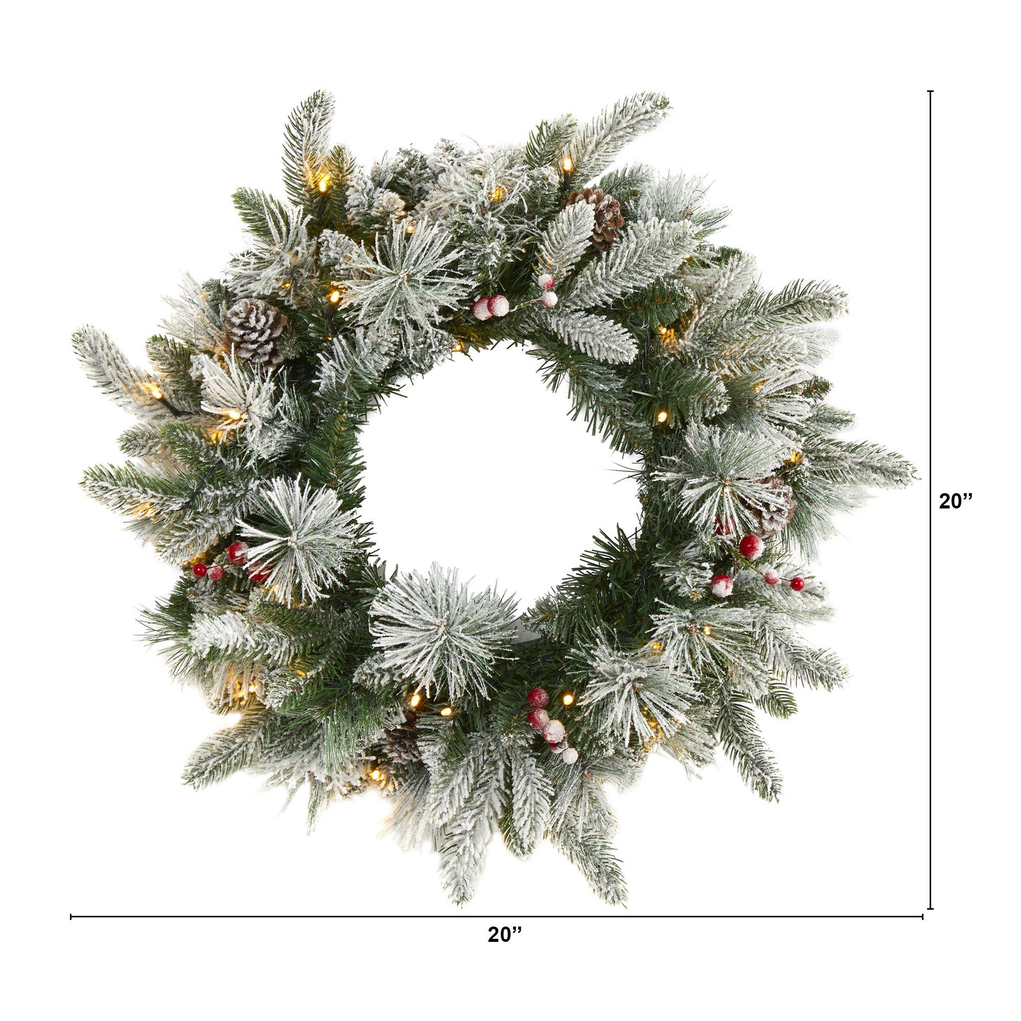 20” Flocked Mixed Pine Artificial Christmas Wreath with 50 LED Lights ...