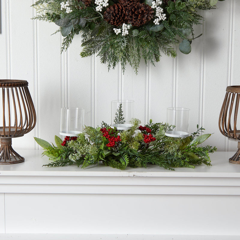 20” Holiday Winter Greenery and Berries Triple Candle Holder Artificial ...