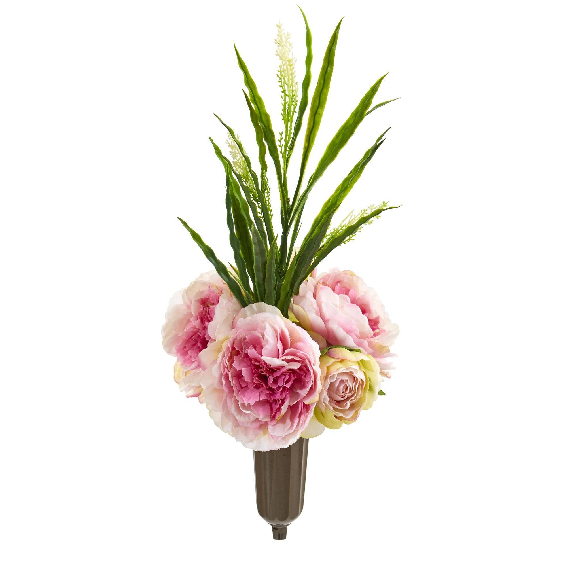  20” Peony and Grass Graveside Memorial Arrangement in Vase 