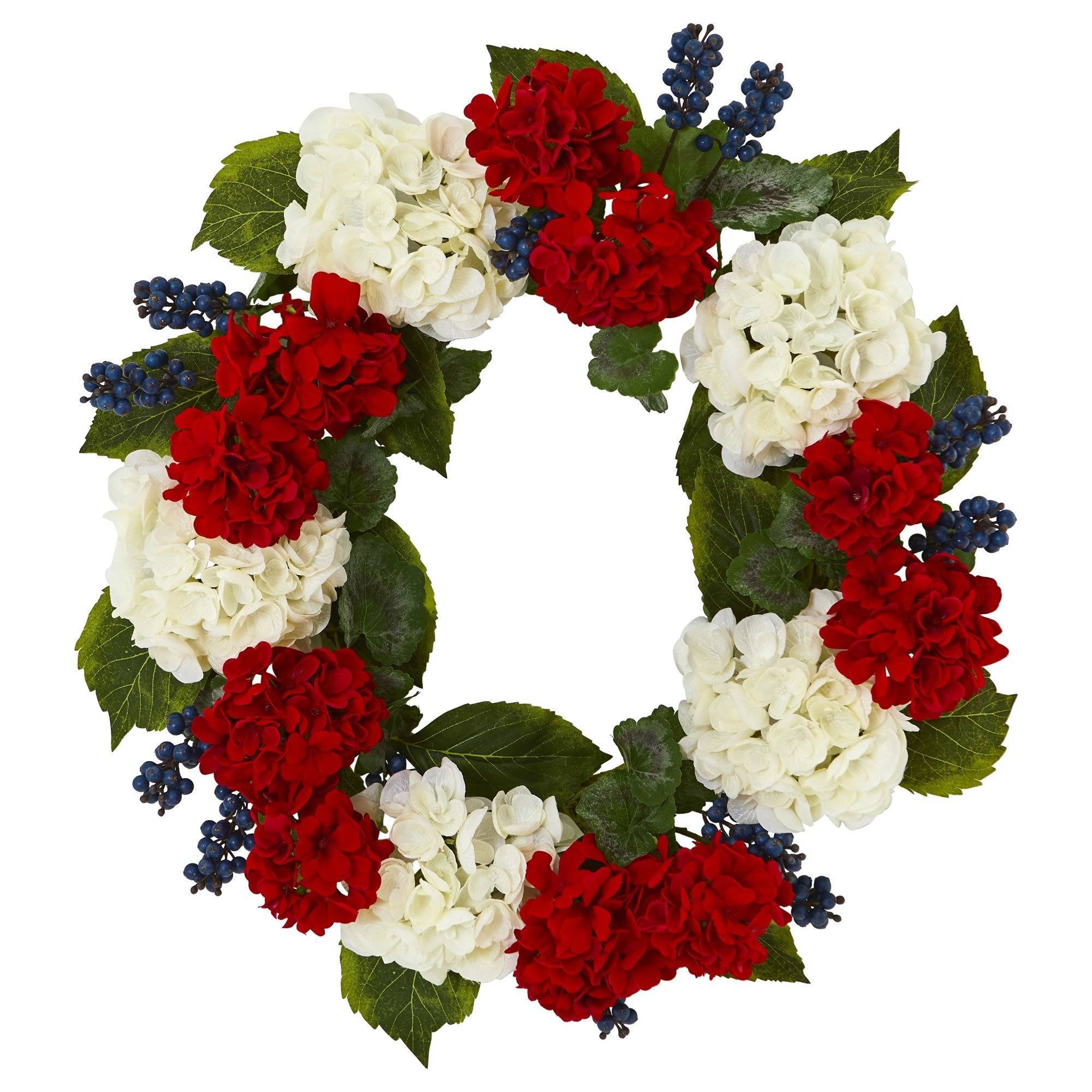Image of 21” Geranium and Blue Berry Artificial Wreath