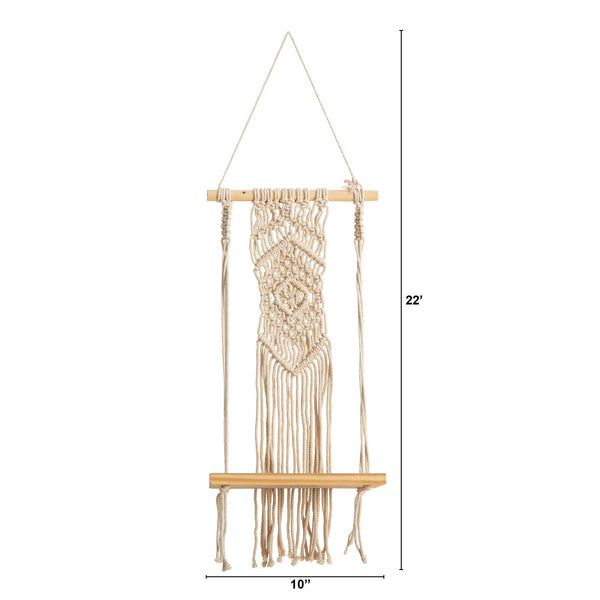 22” Boho Chic Wood Macrame Shelf with Diamond Weave | Nearly Natural