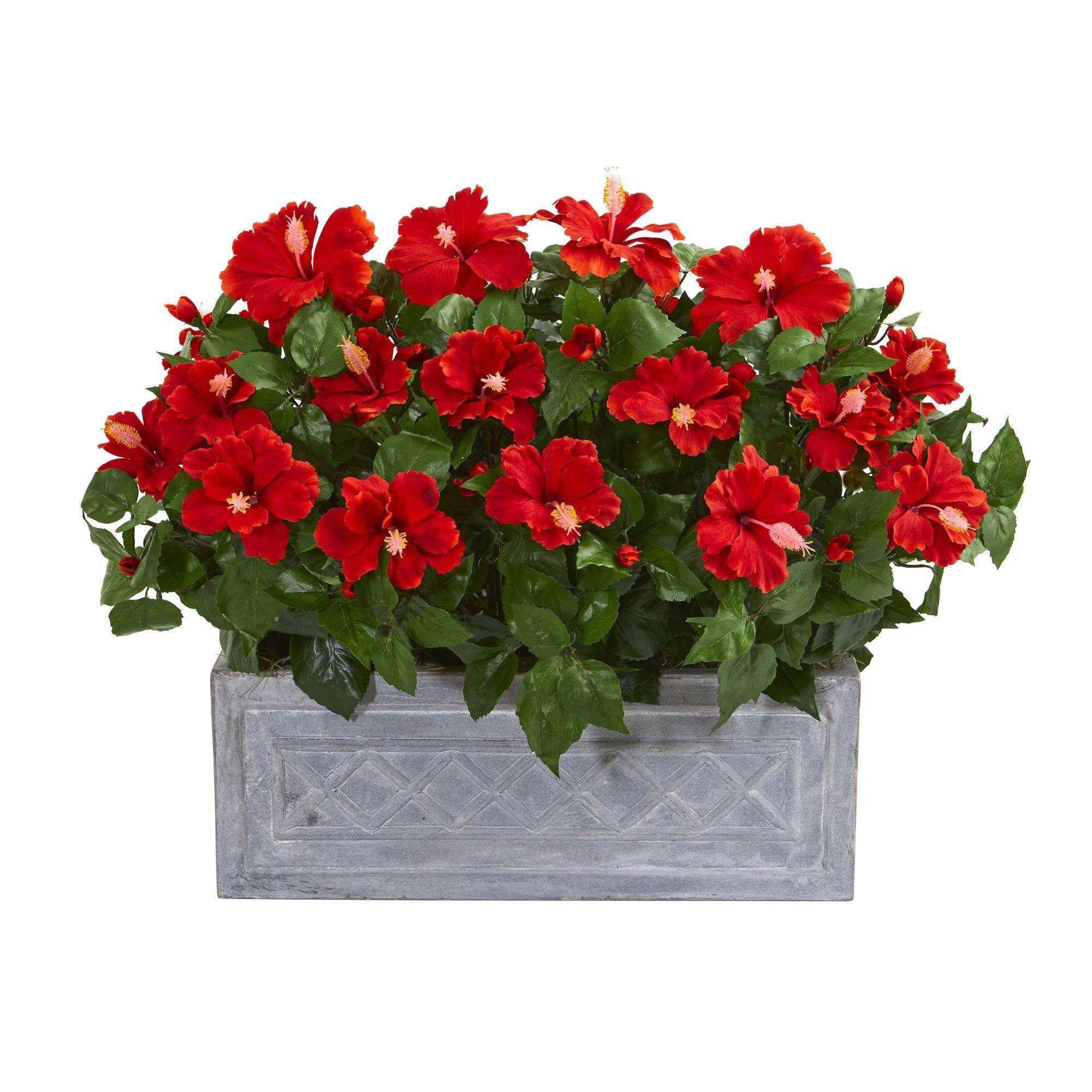 Hibiscus Artificial Plant in Stone Planter | Nearly Natural