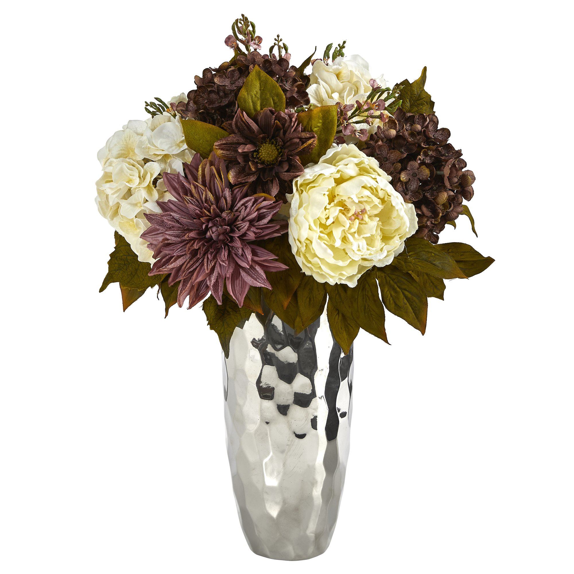  22” Peony, Hydrangea and Dahlia Artificial Arrangement in Silver Vase 