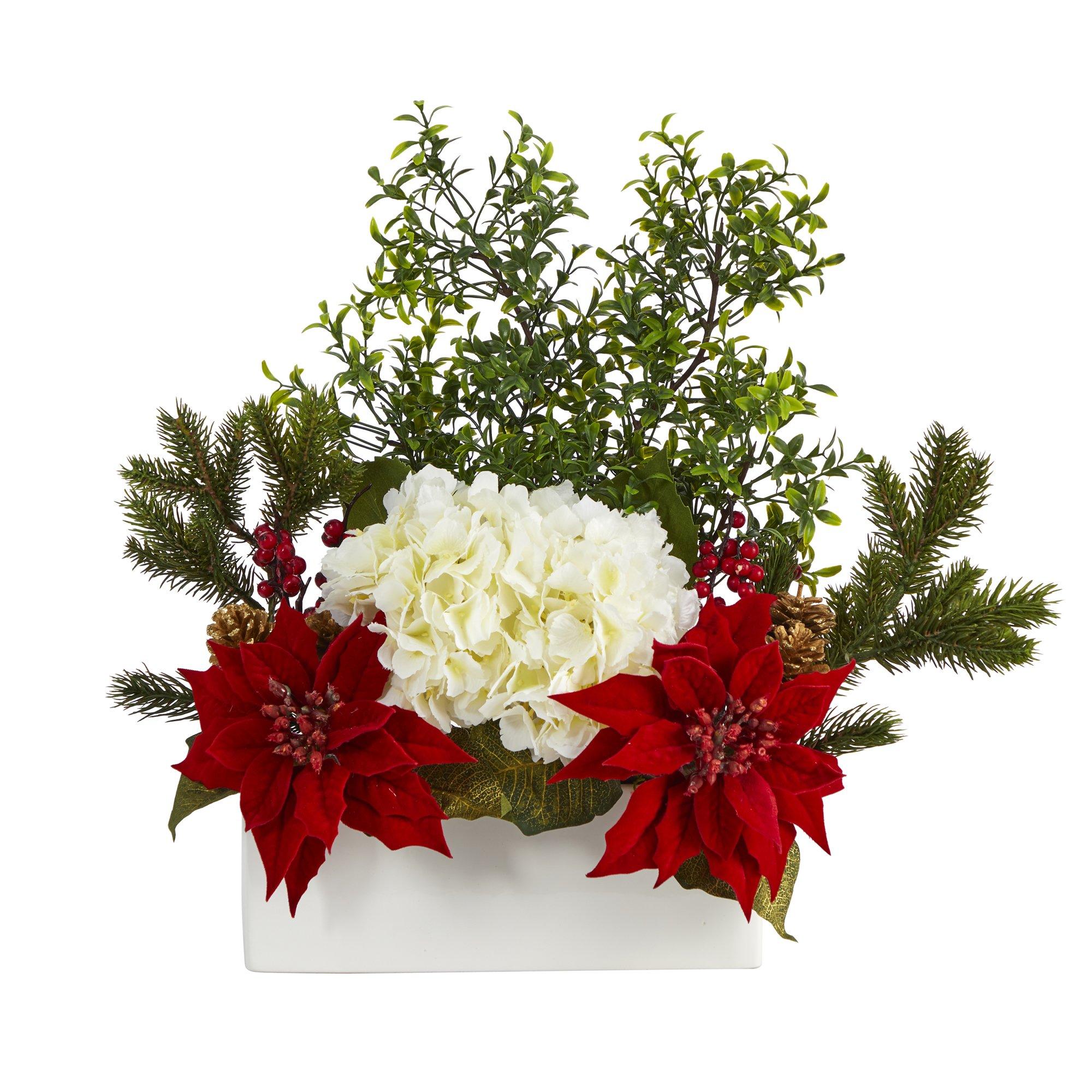  22” Poinsettia, Hydrangea and Boxwood Artificial Arrangement in White Vase 