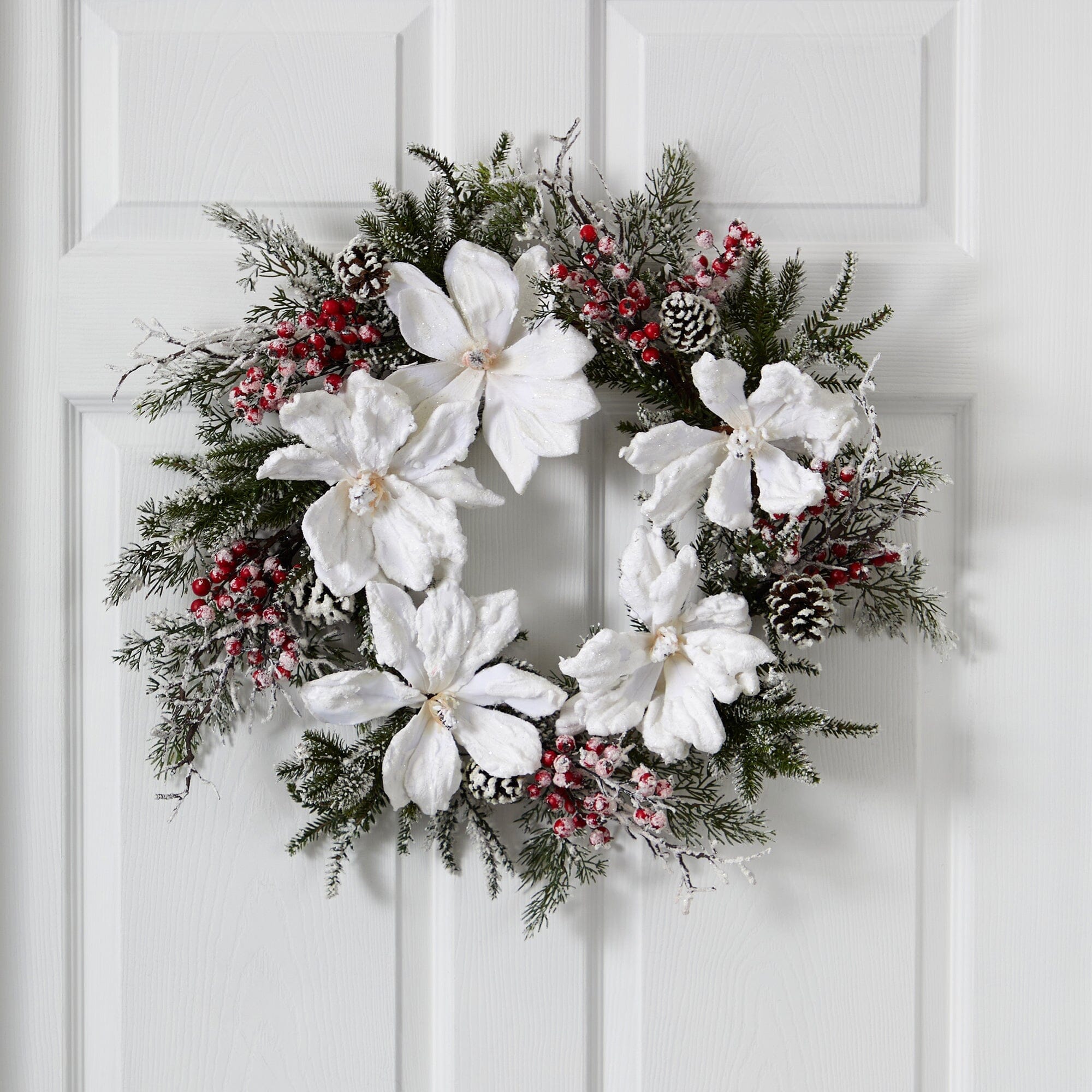  22” Snowed Magnolia & Berry Wreath 