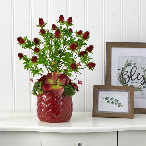 23” Thistle and Succulent Artificial Arrangement in Red Vase