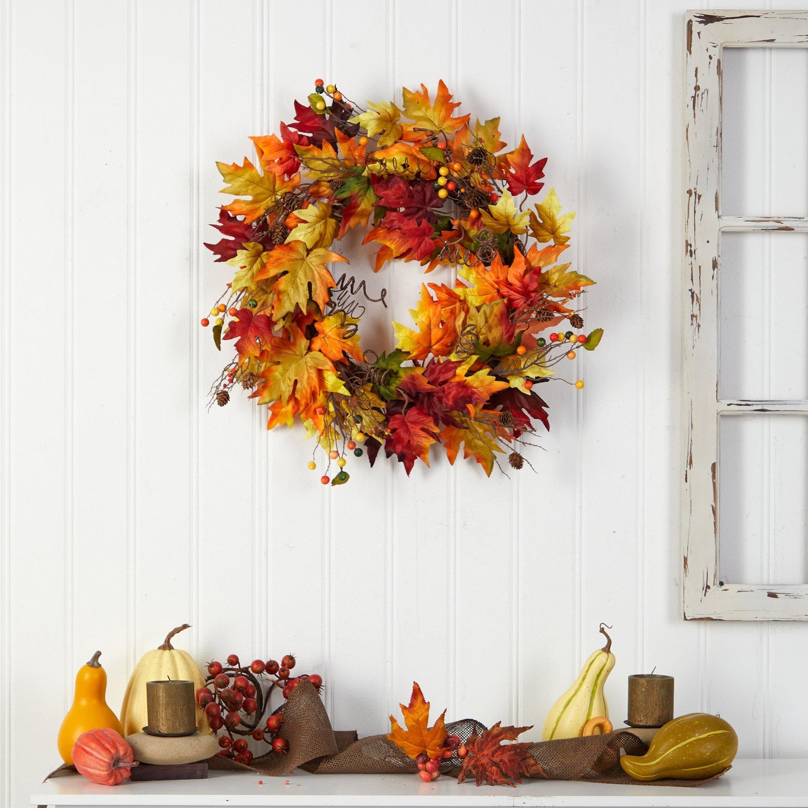 24” Autumn Maple Leaf and Berries Artificial Fall Wreath with Twig Base ...