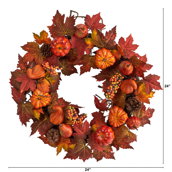 24” Autumn Maple Leaves, Pumpkin, Pinecone and Berries Artificial Fall Wreath