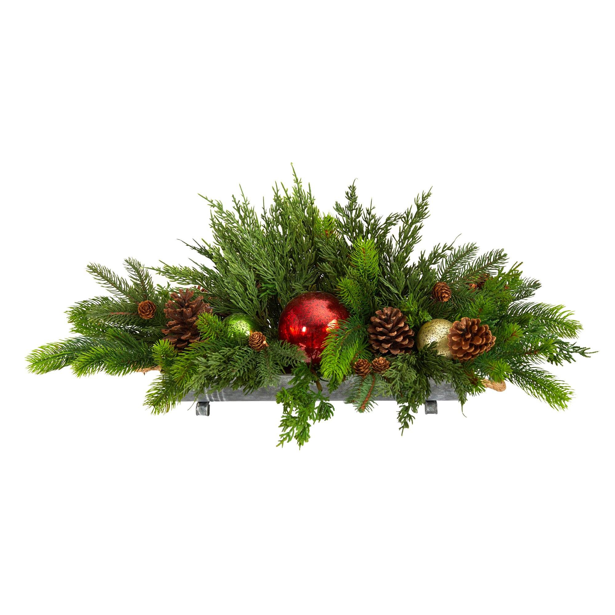  24” Cedar Pine, Pinecones and Ornaments Artificial Christmas Arrangement in Tin Vase 