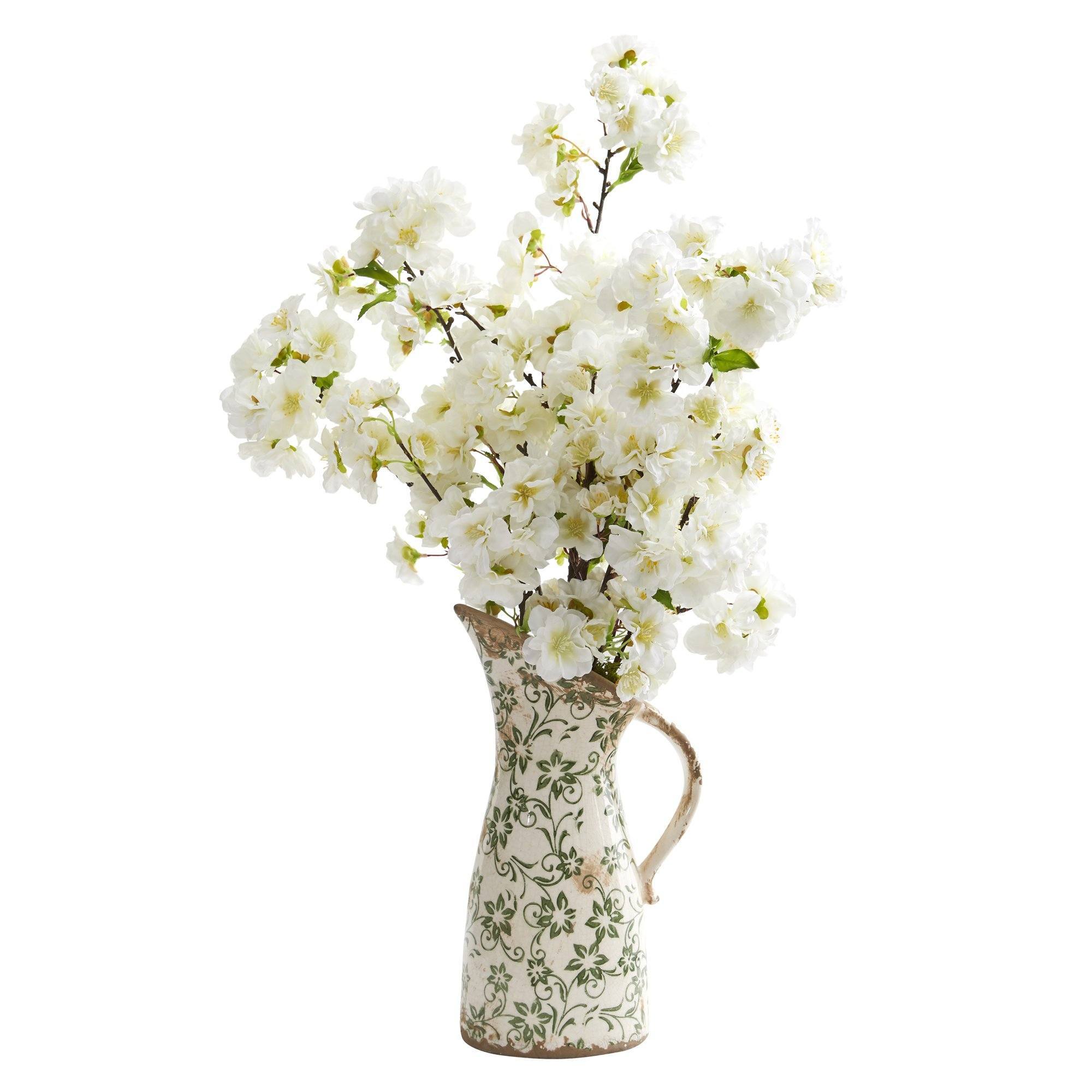  24” Cherry Blossom Artificial Arrangement in Floral Pitcher 