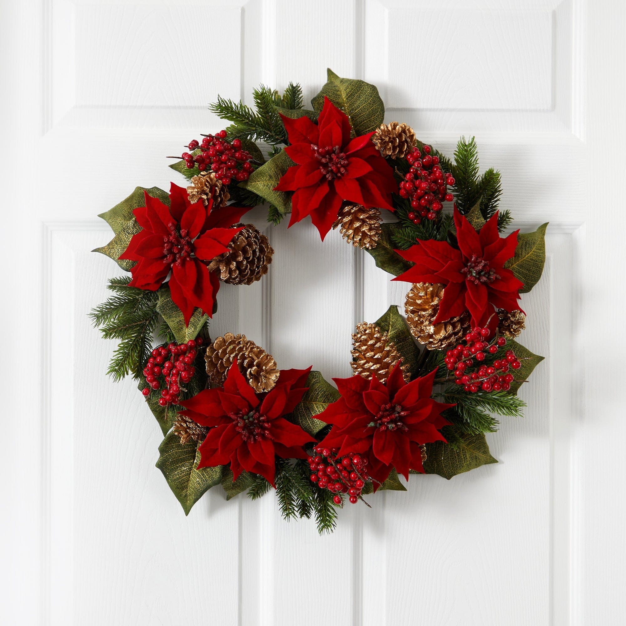  24” Poinsettia, Berry and Golden Pine Cone Artificial Wreath 