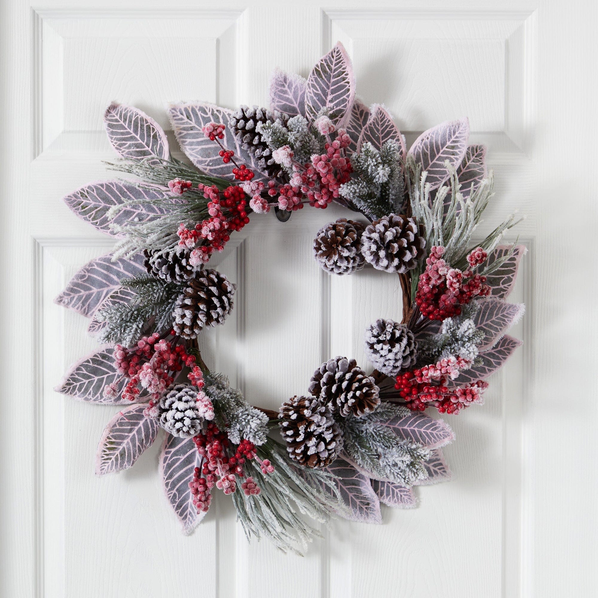  24” Snowy Magnolia Berry Artificial Wreath 