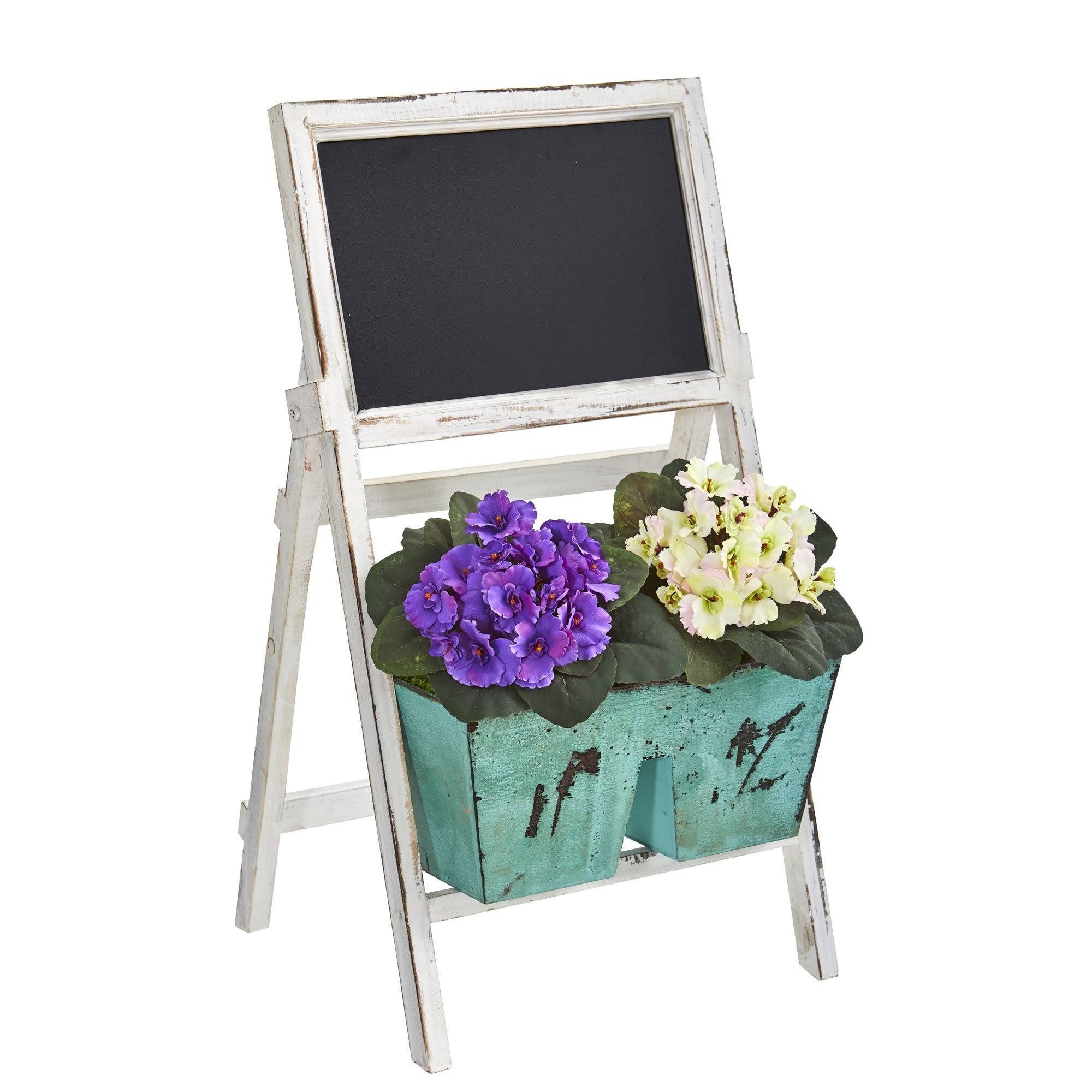  26” African Violet Artificial Plant in Farmhouse Stand with Chalkboard 