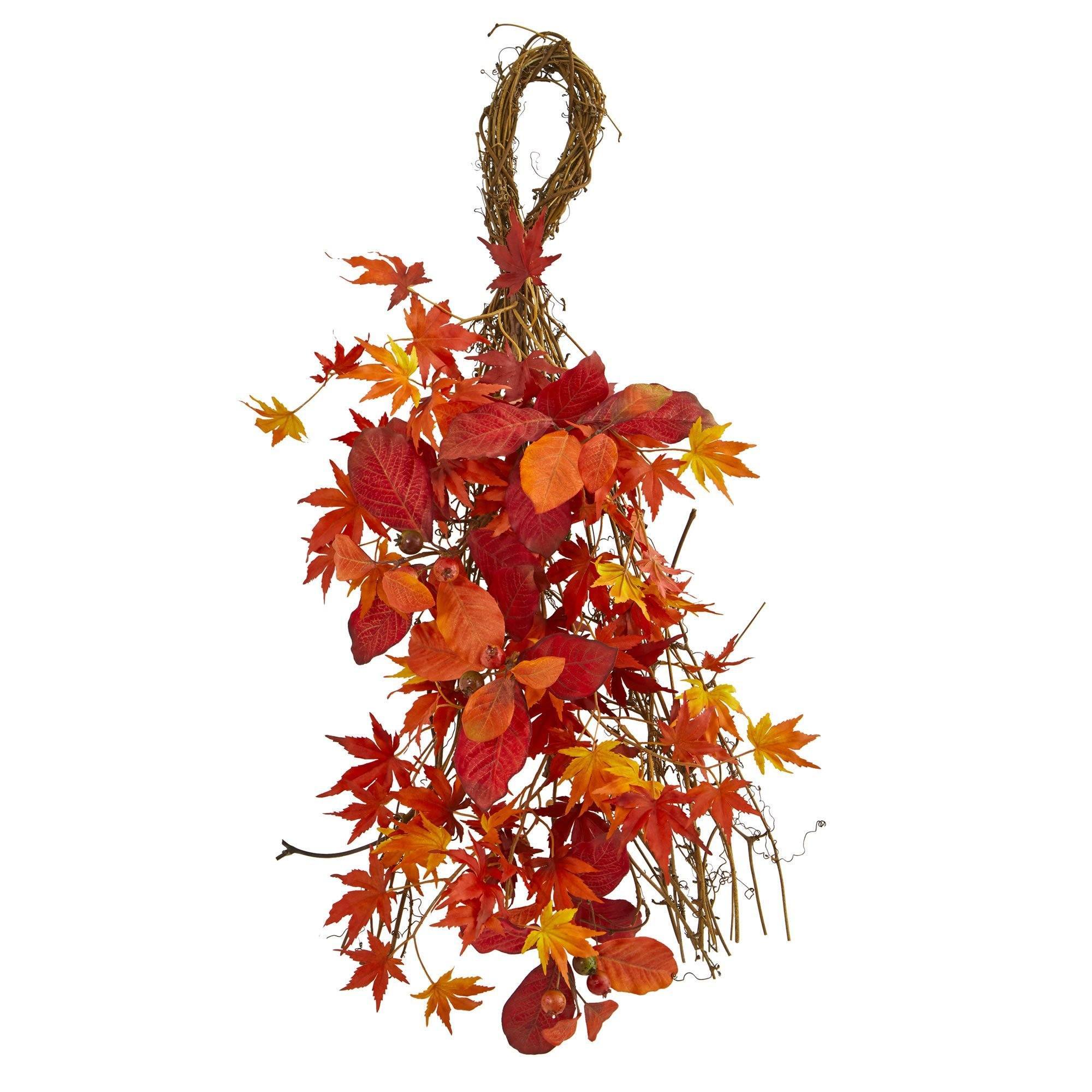  26” Mixed Japanese Maple, Magnolia Leaf and Berries Artificial Teardrop 