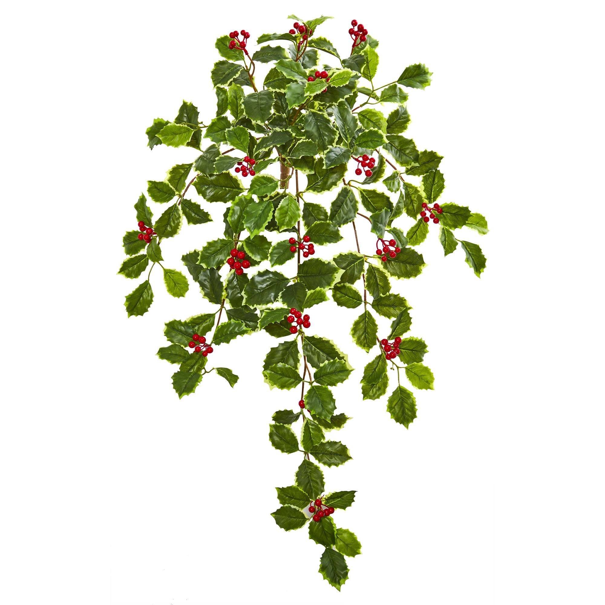  27” Variegated Holly Leaf w/Berries Hanging Bush Artificial Plant (Set of 3) (Real Touch) 