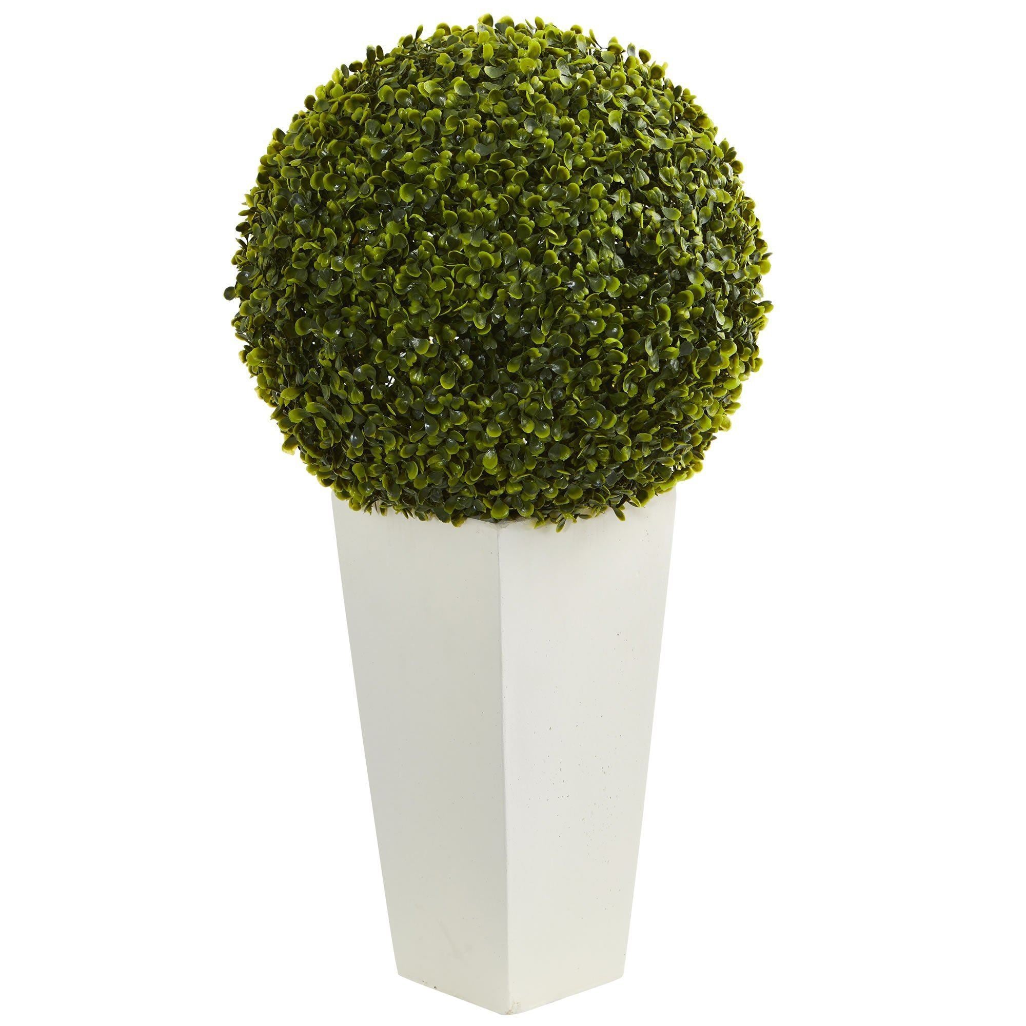  28” Boxwood Topiary Ball Artificial Plant in White Tower Planter (Indoor/Outdoor) 