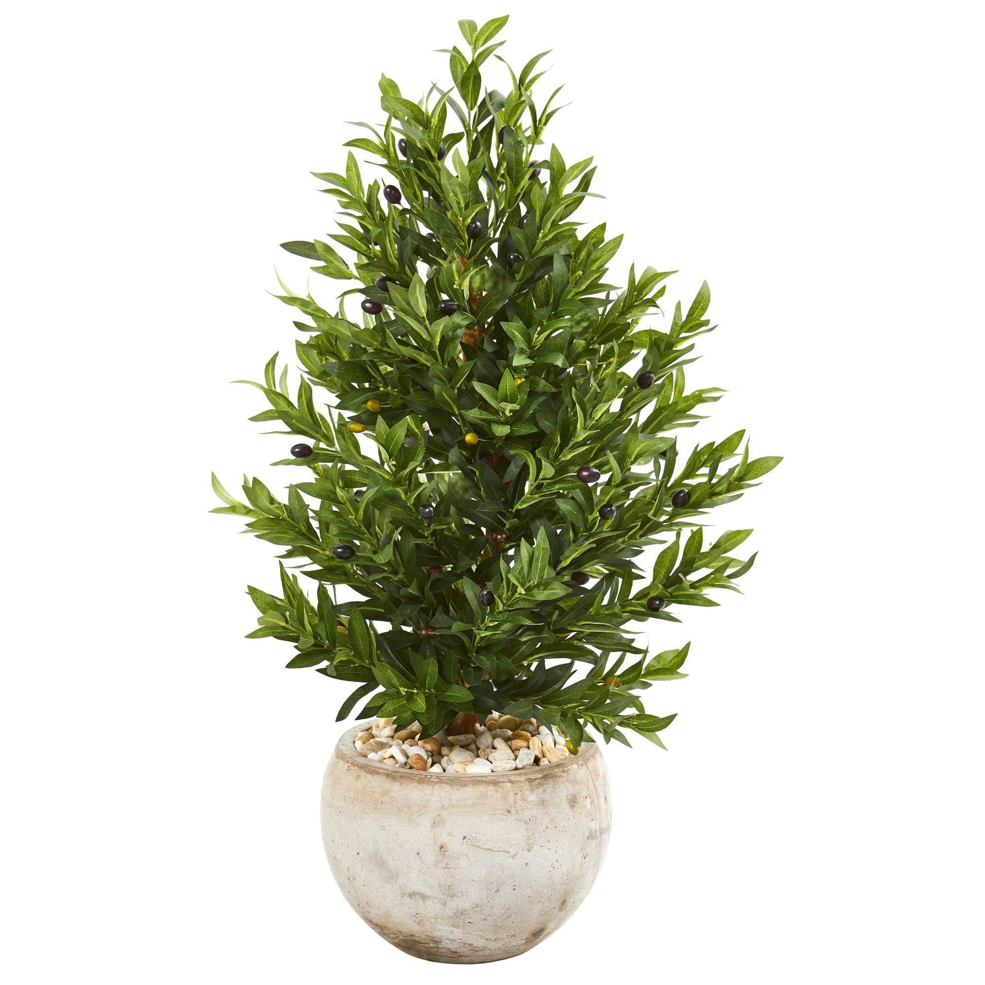 Image of 3’ Olive Cone Topiary Artificial Tree in Sand Stone Planter (Indoor/Outdoor)