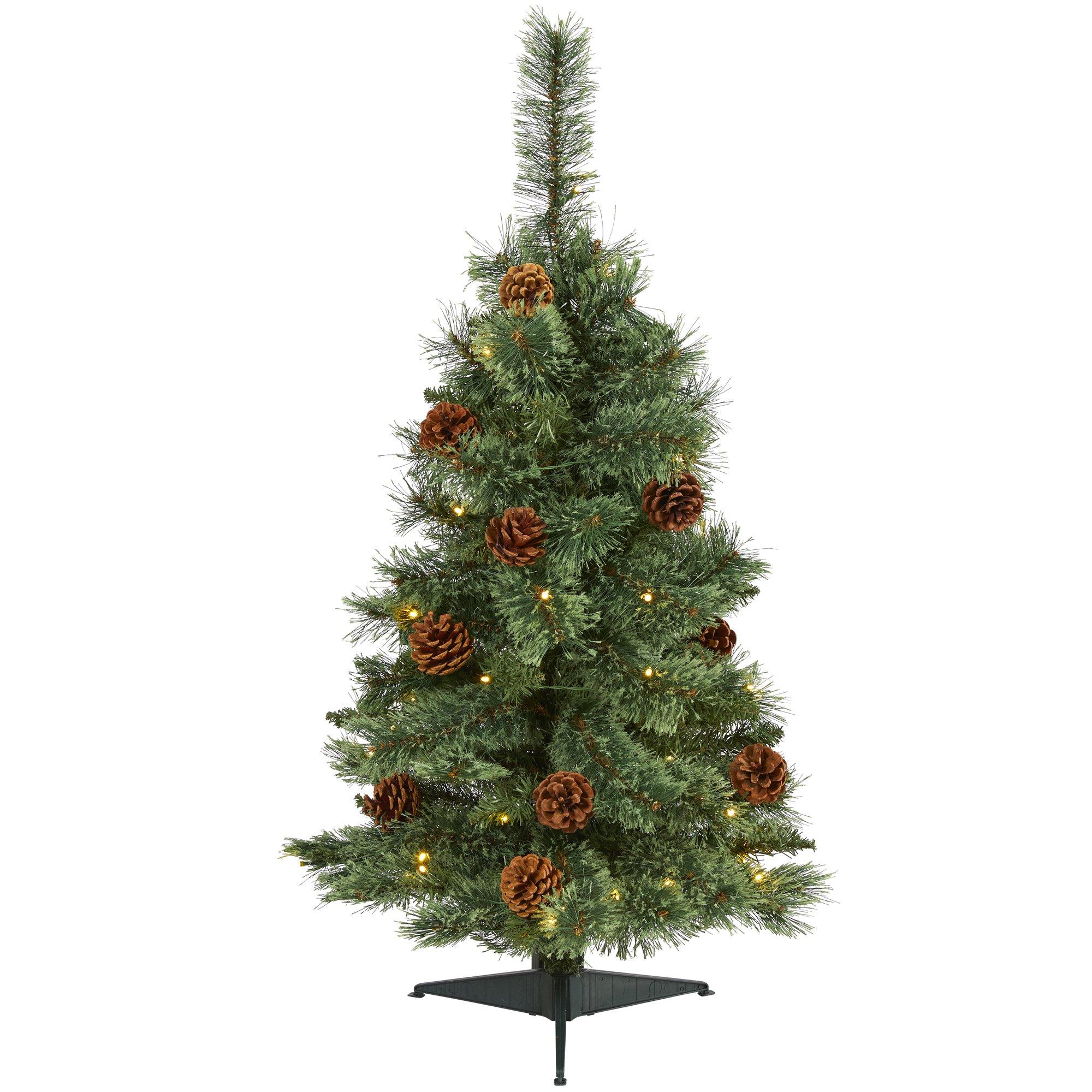  3’ White Mountain Pine Artificial Christmas Tree with 50 Clear LED Lights and Pine Cones 