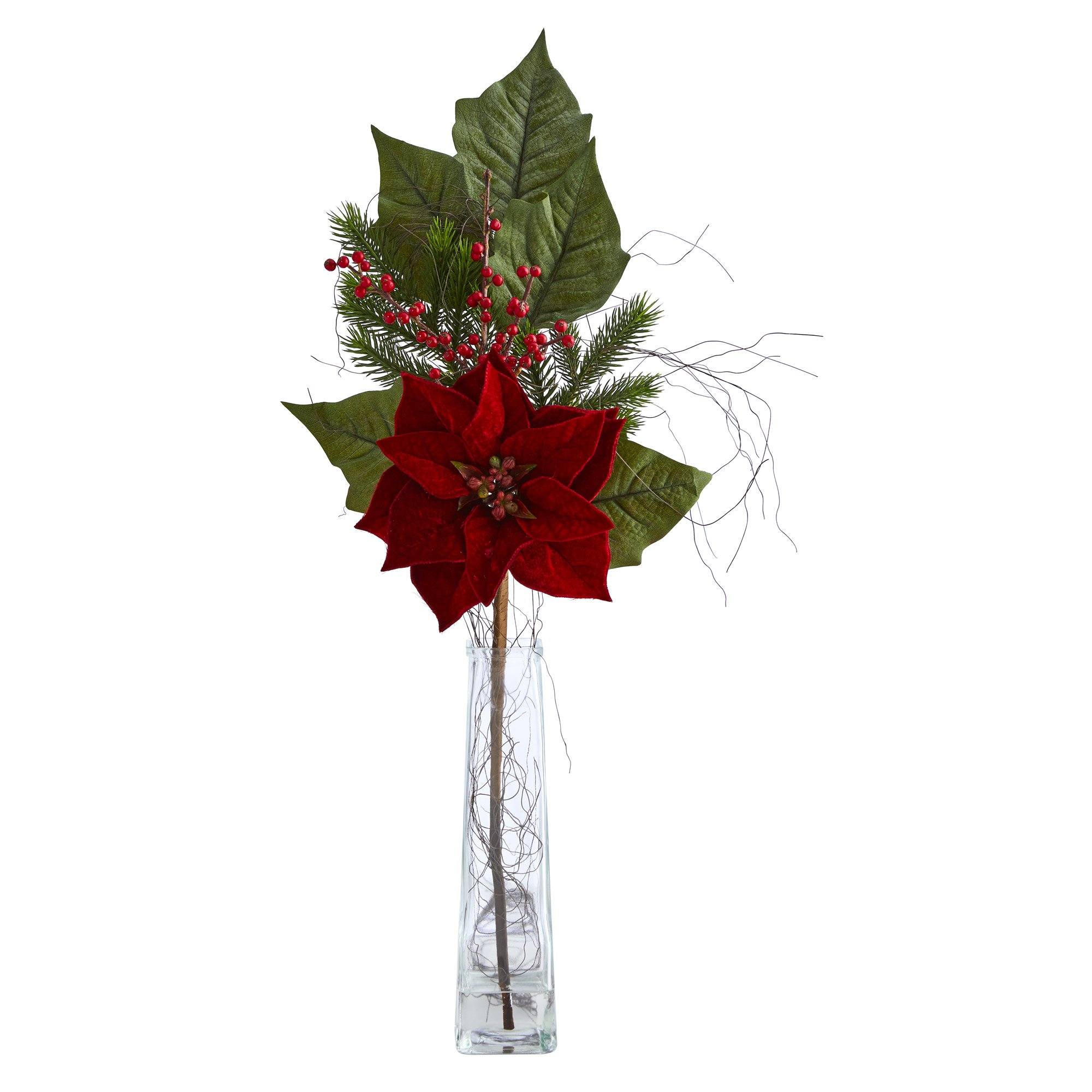  32” Poinsettia, Berries and Pine Artificial Arrangement in Glass Vase 