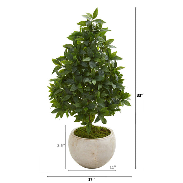 33” Sweet Bay Cone Topiary Artificial Tree in Sand Colored Planter ...