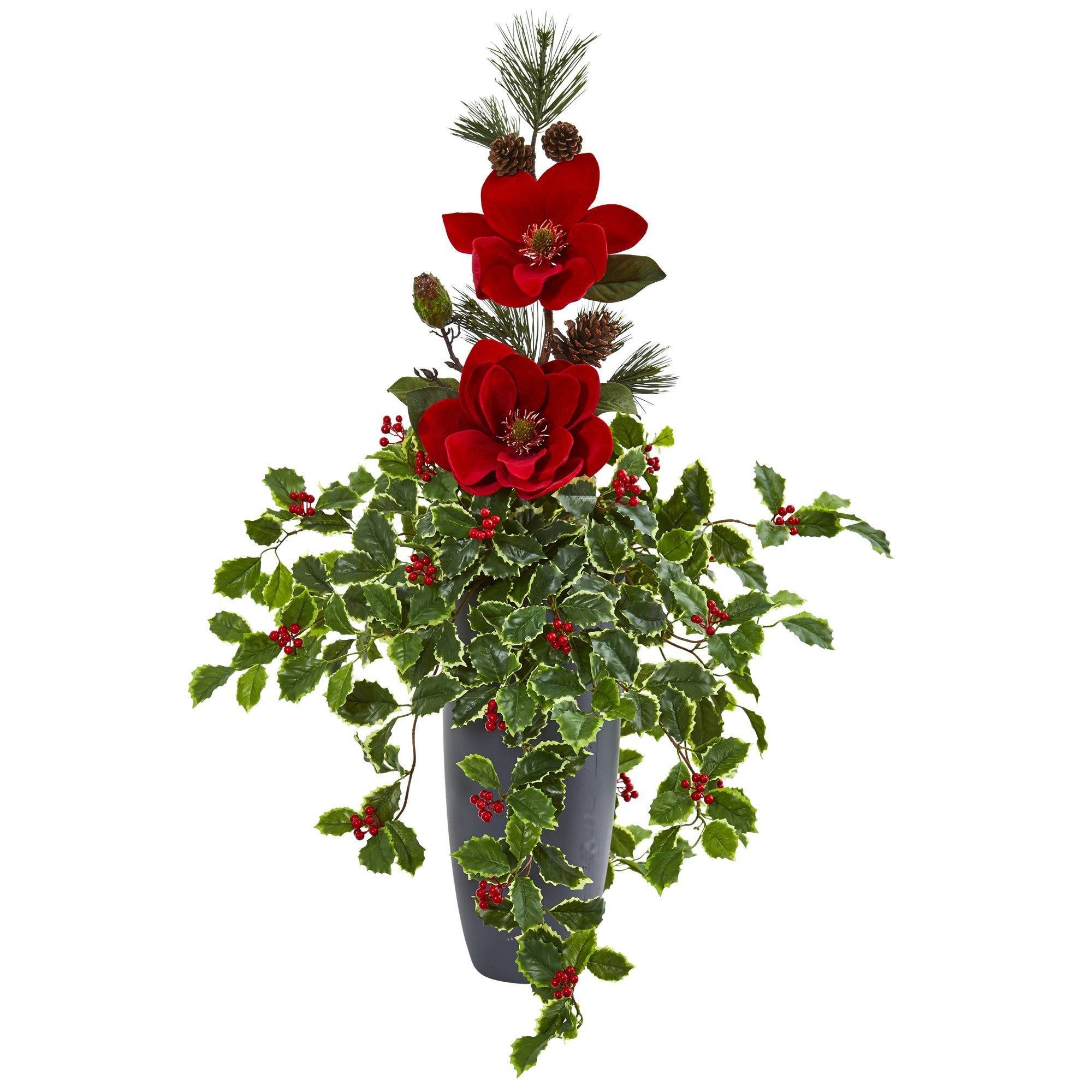  3.5’ Magnolia, Pine and Variegated Holly Leaf Artificial Arrangement 