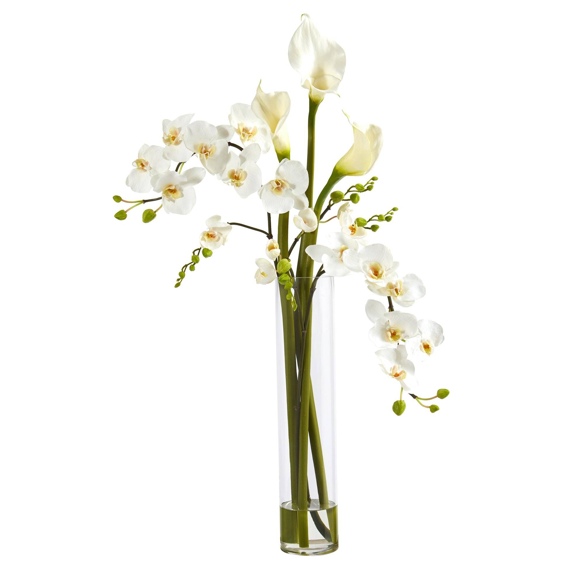 35” Phalaenopsis Orchid and Calla Lily Artificial Arrangement in Glass ...