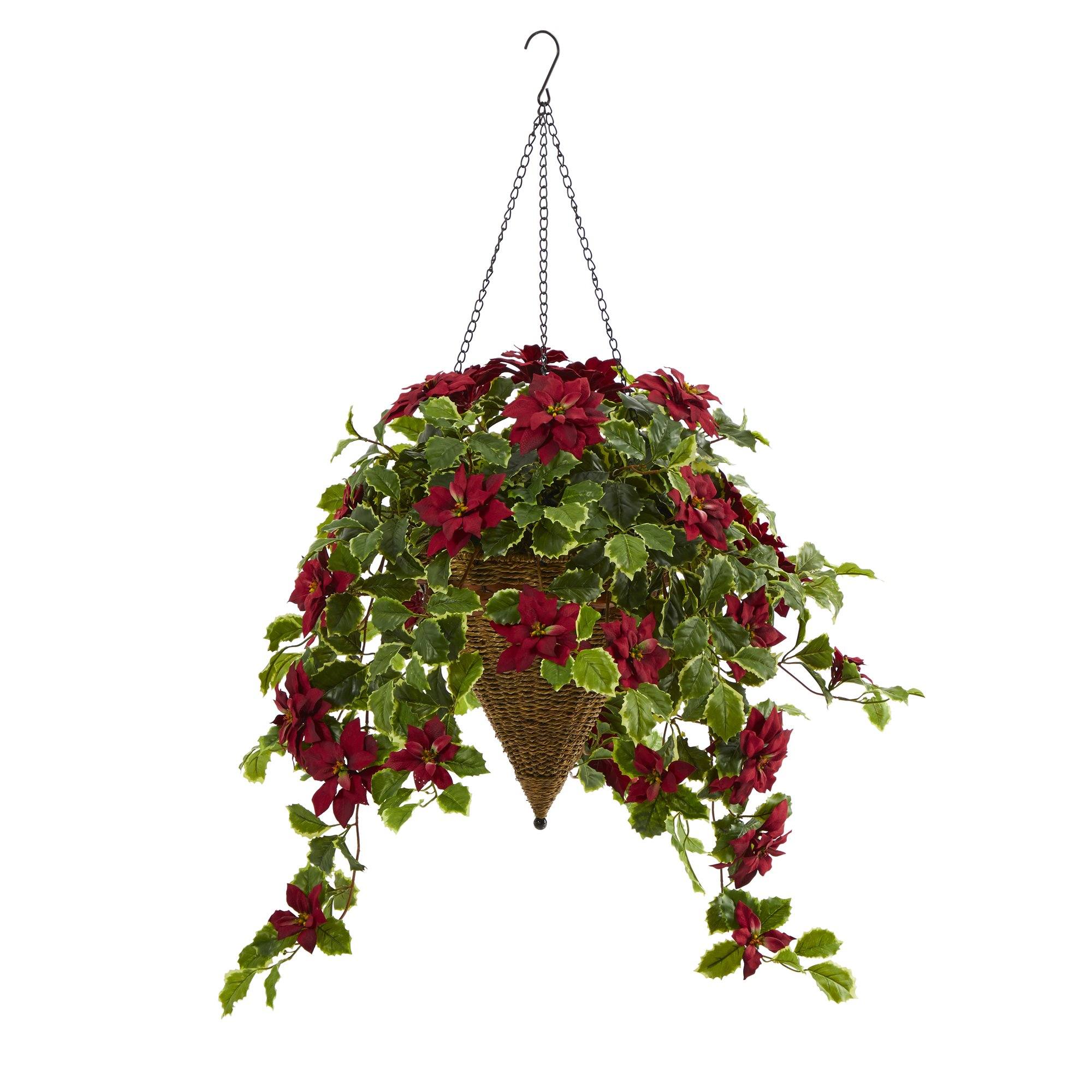  3.5’ Poinsettia and Variegated Holly Artificial Plant in Hanging Cone Basket (Real Touch) 