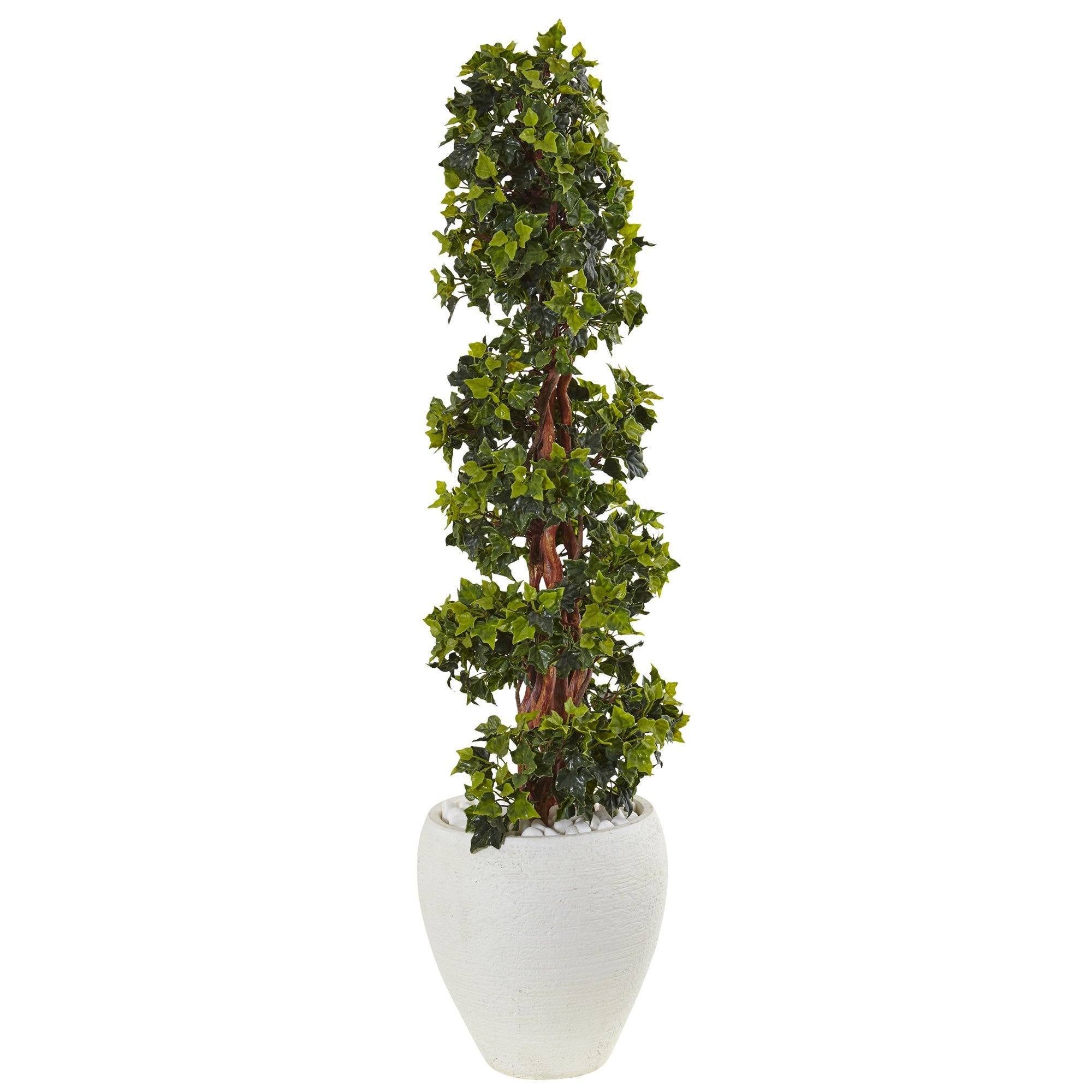  4’ English Ivy Topiary Tree in White Oval Planter UV Resistant (Indoor/Outdoor) 