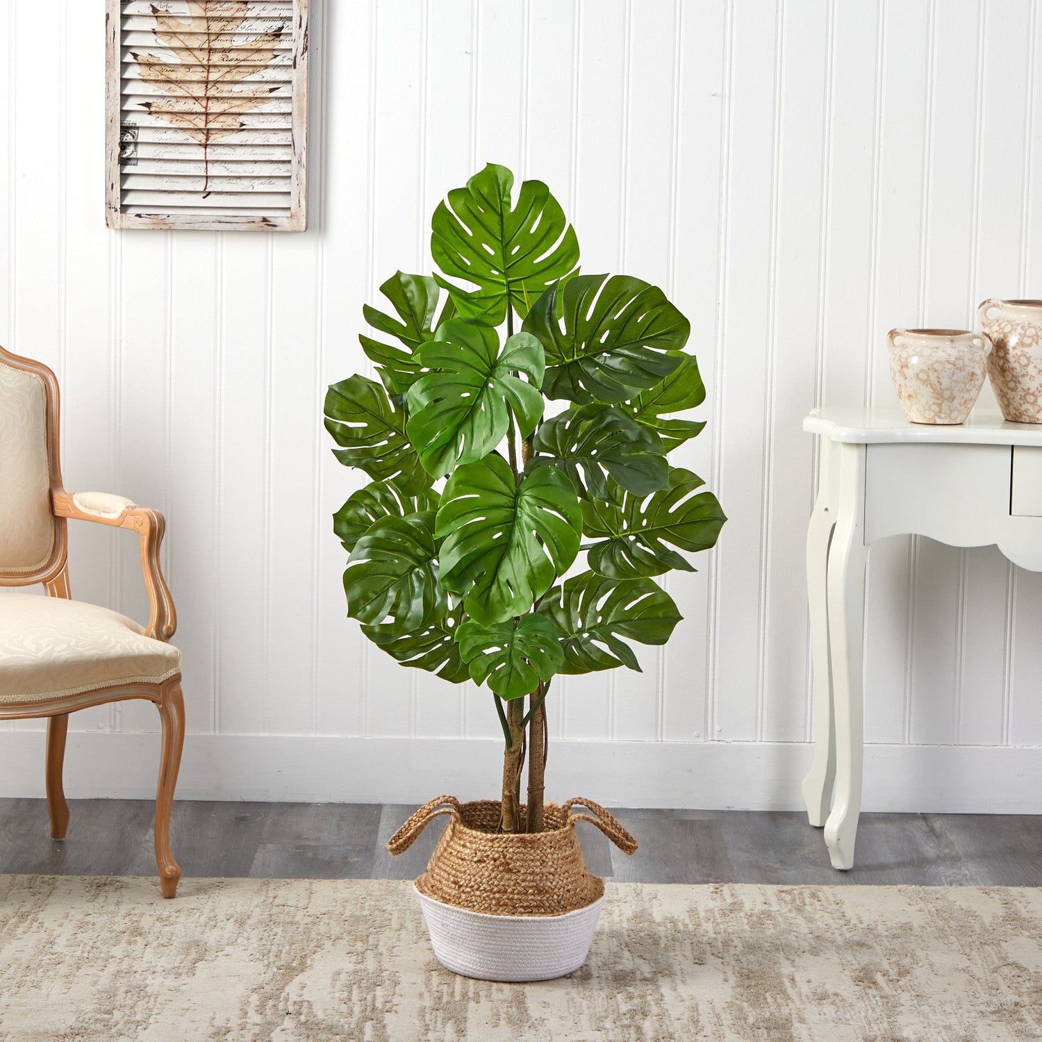 70in. Variegated Ficus Artificial Tree in Handmade Black and White Natural  Jute and Cotton Planter UV Resistant (Indoor/Outdoor)